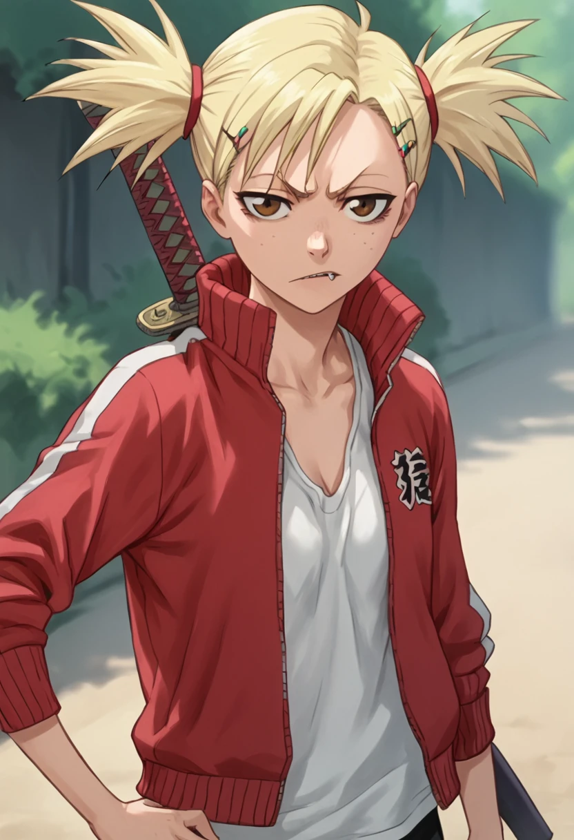 hiyorisarugaki, 1girl, blonde hair, solo, track jacket, hairclip, short twintails, freckles, brown eyes, tank top, looking at viewer katana,outdoors, <lora:HiyoriSarugakiPony1.2:1>, score_9, score_8_up, score_7_up, score_6_up, score_5_up, score_4_up, looking at viewer, hand on own hip, cowboy shot,sharp tooth