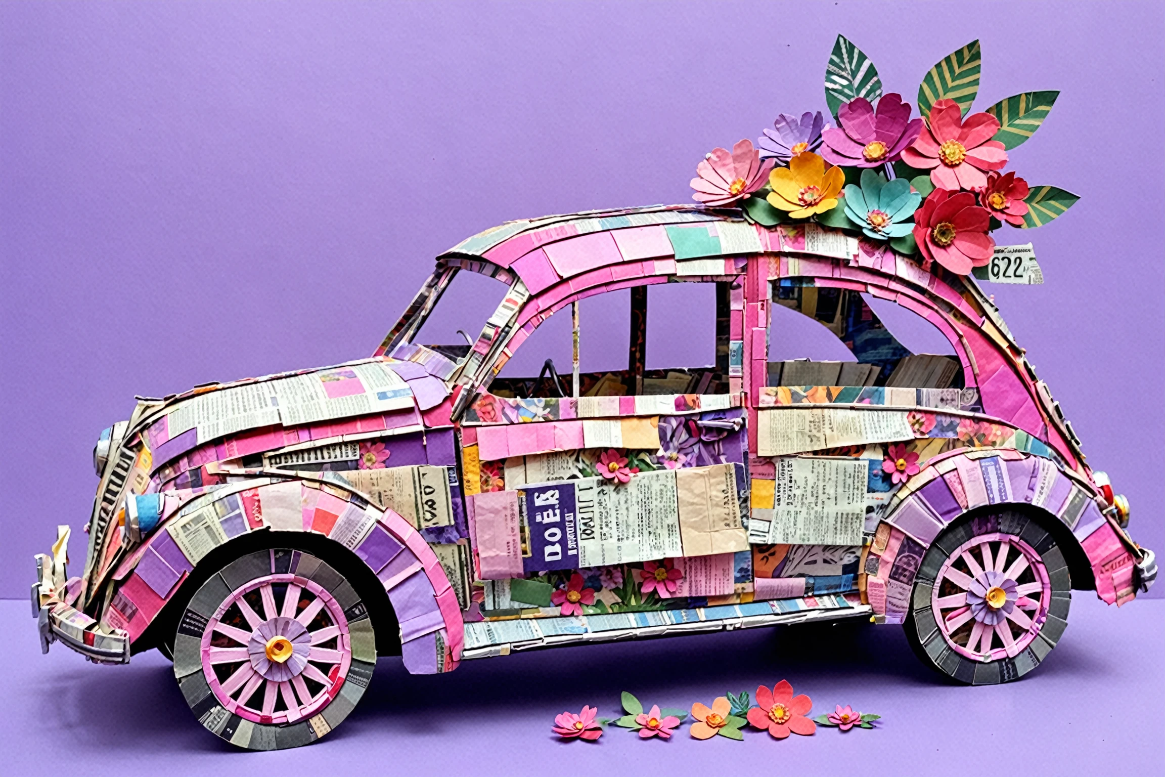 A vibrant and artistic representation of a car, meticulously crafted from various newspaper and magazine clippings. The car is predominantly in shades of pink and purple, with intricate details like windows, wheels, and a license plate. Adjacent to the car, there are two large pink flowers, one of which has a heart-shaped center. The entire composition is set against a lavender background, and the car is surrounded by a variety of paper flowers in different colors, positioned at the bottom.<lora:EMS-392232-EMS:0.800000>