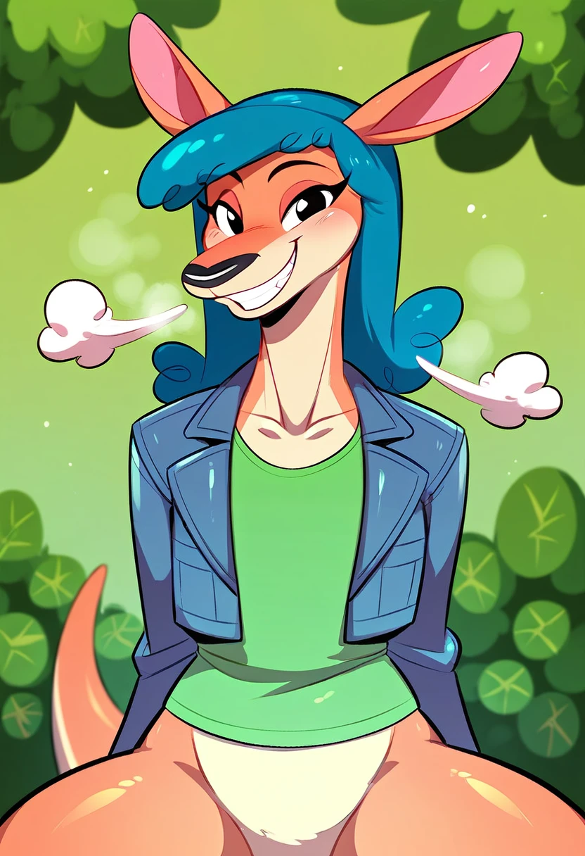 score_9, score_8_up, score_7_up, score_6_up, score_5_up, score_4_up,

female, solo, kangaroo, duffy, furry, clothing, 

bottomless, denim jacket, green shirt, blue hair,
,

teasing, cute, happy, smile, naughty face, grin, adorable, bush, steam, questionable, rating_questionable
,

work it out wombats style,


front, from front, first-person view, pov
,

rating questionable, questionable, semi-anthro, feral, 