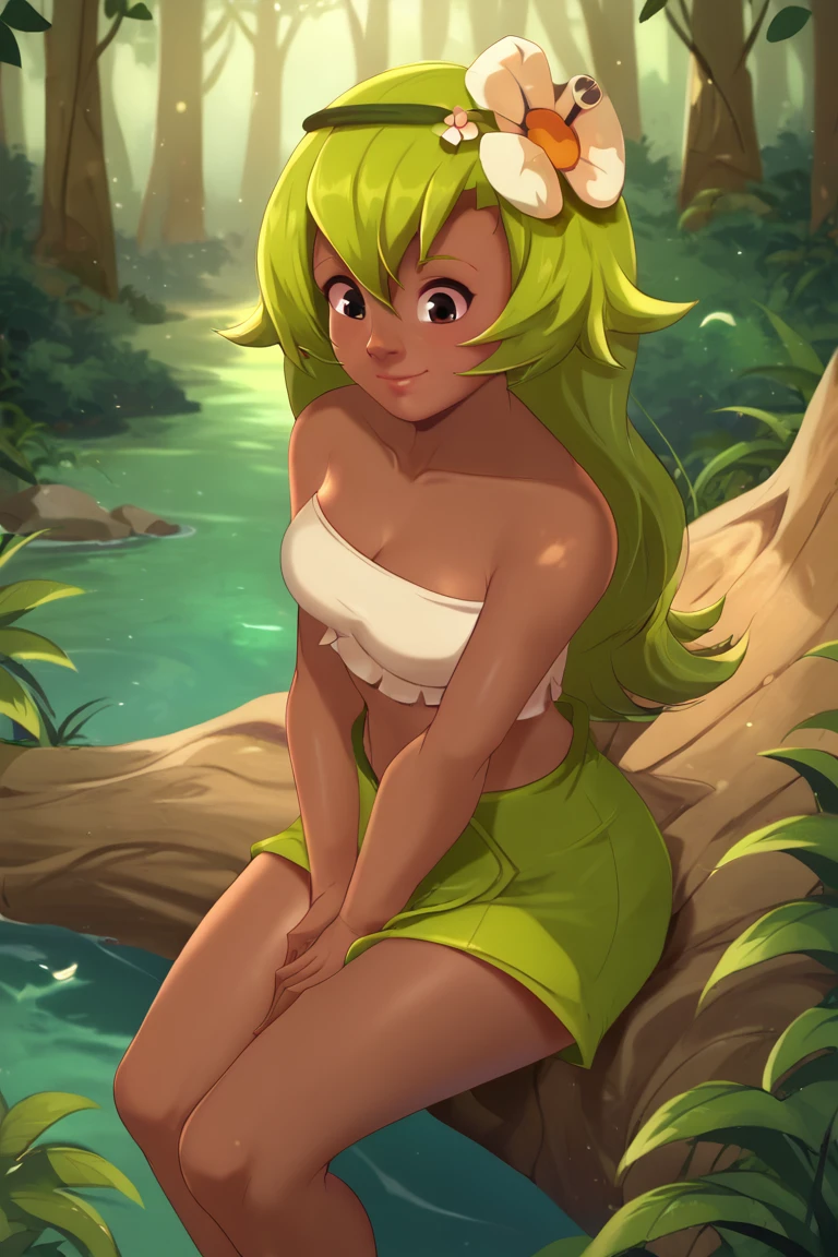 ((ultra quality)), ((masterpiece)), Amalia Sheran Sharm, Wakfu style, ((green medium long hair with a large white flower)), (Beautiful face), (beautiful female lips), (), charming, ((sexy facial expression)), looks at the camera, eyes slightly open, (Dark skin color), (dark skin), glare on the body, ((detailed beautiful female eyes)), ((dark brown eyes)), (juicy female lips), (dark eyeliner), (beautiful female hands), ((ideal female figure)), ideal female body, beautiful waist, gorgeous sexy thighs, beautiful saggy breasts, ((subtle and beautiful)), sexy worth (), (green microbikini) background: green beautiful forest, ((depth of field)), ((high quality clear image)), (clear details), ((high detail)), realistically, professional photo session, ((Clear Focus)), anime