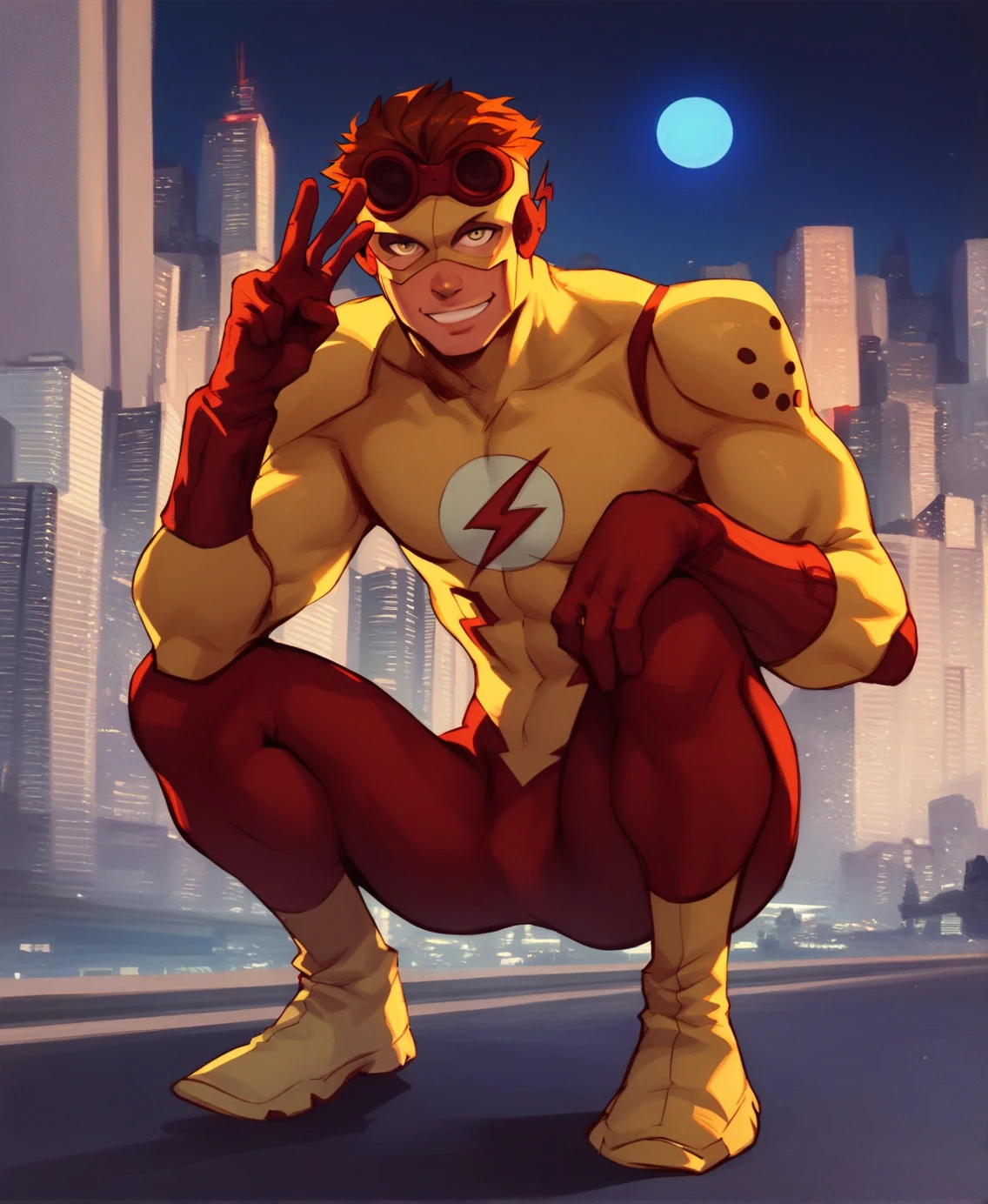 <lora:Wally_west:1> score_9, score_8_up, score_7_up, kid flash, solo, looking at viewer, bodysuit, muscular male, brown hair, short hair, squatting, spread legs, v, city, night moon, goggles, smile,