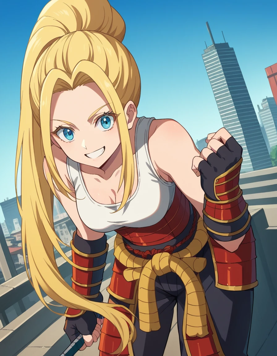 score_9, score_8_up, score_7_up, source_anime,
beatrixamerhauser, <lora:beatrix-amerhauser-s1-ponysdxl-lora-nochekaiser:1>,
beatrix amerhauser, long hair, blue eyes, blonde hair, gloves, ponytail,
gloves, fingerless gloves, armor, japanese armor, tank top, white tank top,
outdoors, cityscape, bent over, smile,
looking at viewer, cowboy shot, dutch angle, solo,