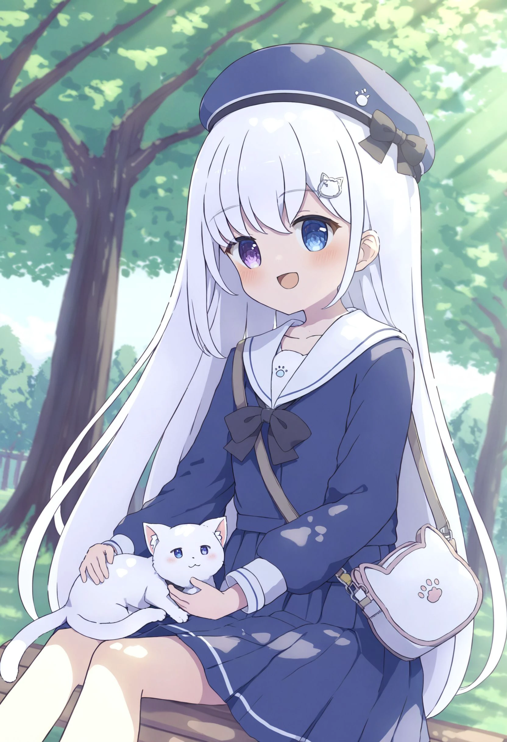 masterpiece, best quality,white cat, cat, 1girl, heterochromia, black bow, blue eyes, solo, tree, sitting, smile, bag, cat hair ornament, outdoors, long hair, hat, long sleeves, bow, sailor collar, very long hair, animal on lap, white sailor collar, looking at viewer, blush, hair ornament, blue headwear, on lap, sailor dress, animal, purple eyes, white hair, day, :d, open mouth, shoulder bag, beret, bench, dress, feet out of frame, petting, skirt, blue dress, school uniform, hairclip <lora:ちょみますXLlokr4f-000186:0.95>