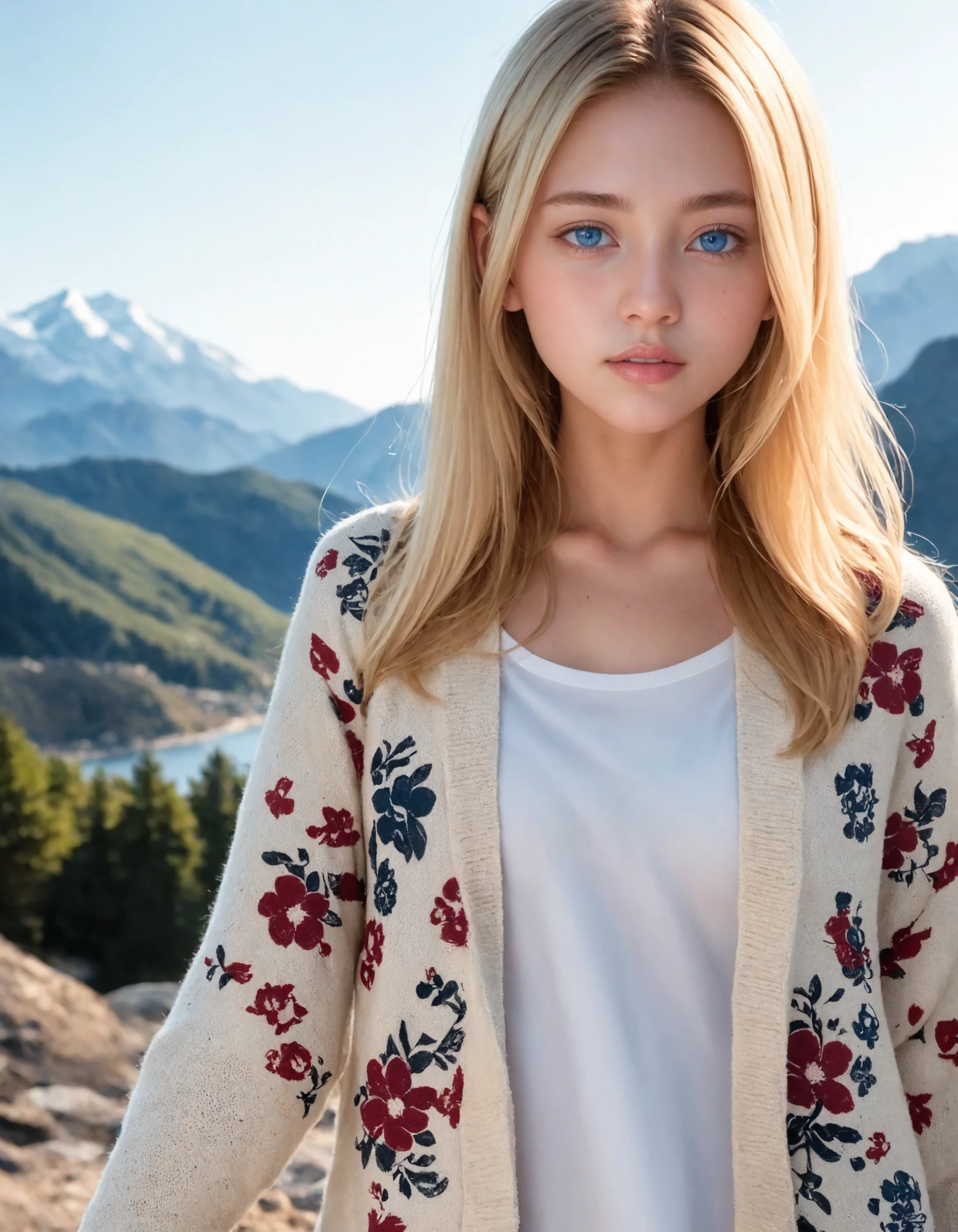 1girl, solo,
(Best quality:1.0),(masterpiece:1.0),photorealism,
(blonde hair:1.1), (blue eyes),
long hair,
(medium breasts:1.1),
slender,
BREAK
(European:1.2),
Embroidered floral cardigan , valley , mountains, hills, rivers, creeks,
20yo,