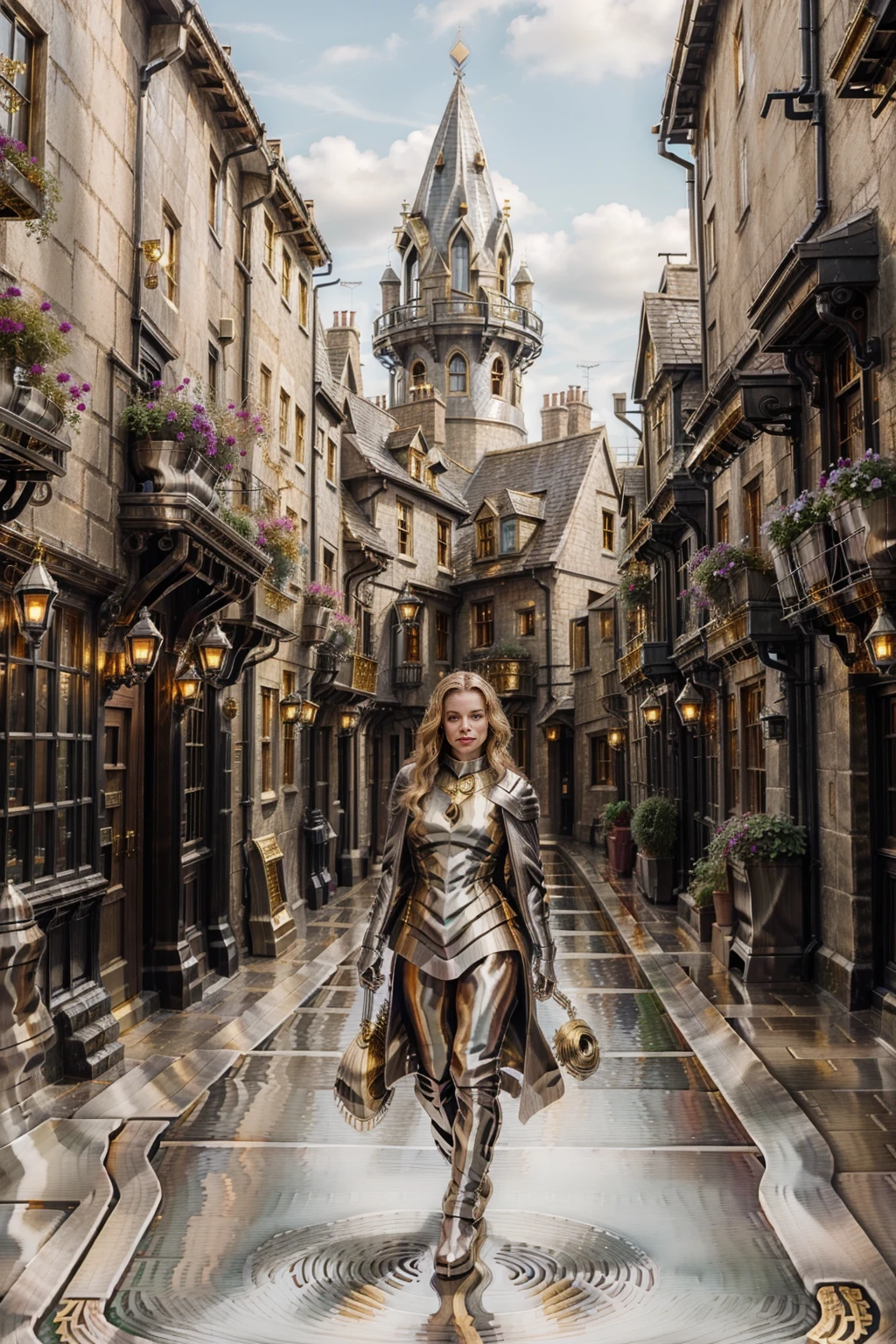 <lora:GoldStainlessSteelWorld:1> (GoldStainlessSteelWorld:1.1) 1woman   in The onlyAll-wizarding village in Britain  near Hogwarts.