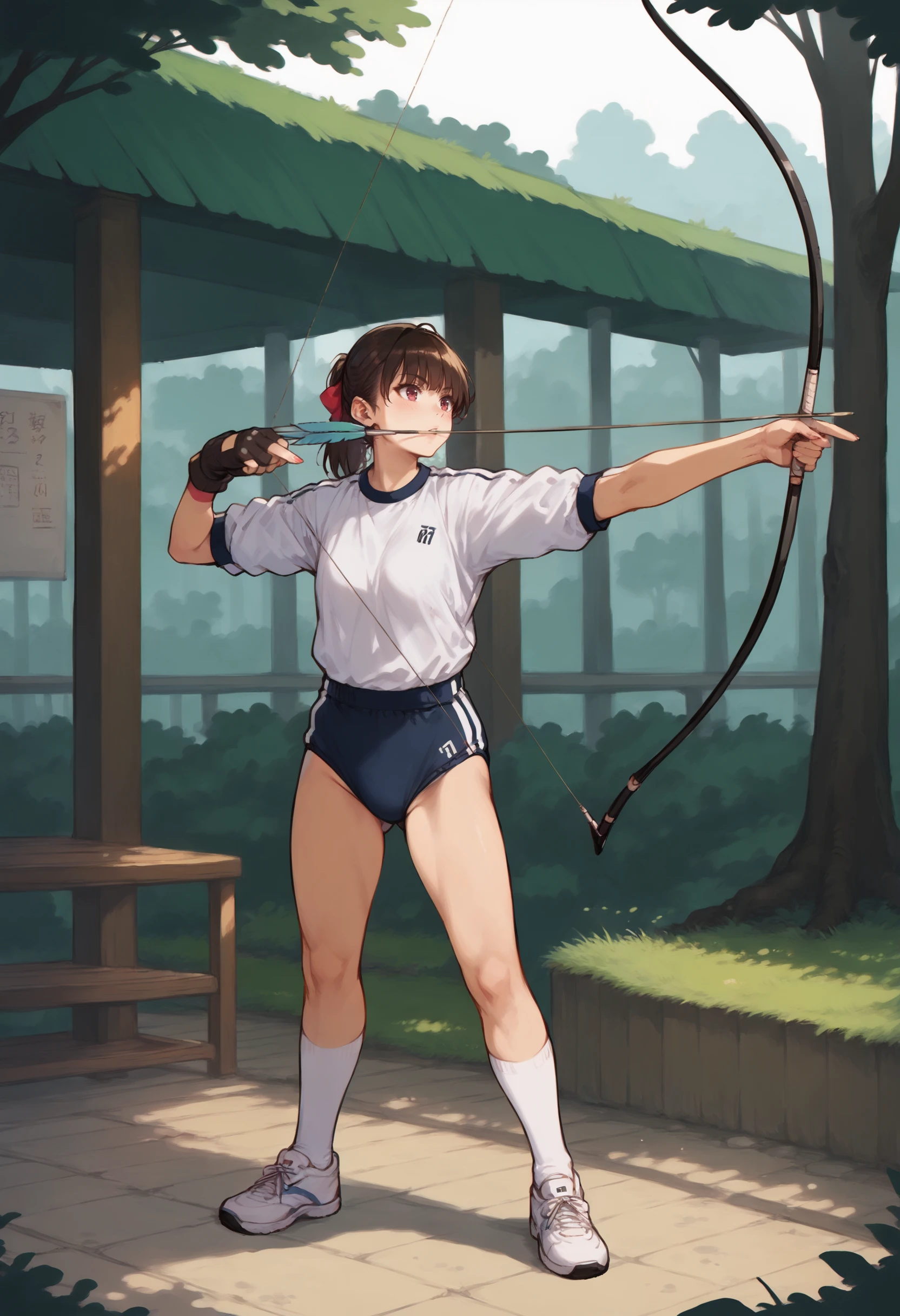 score_9,score_8_up,score_7_up,best quality,masterpiece,super detailed,extreme detailed,full_body,zPDXL BREAK 1girl,standing,open_stance,(outdoor:1.1),(forest:1.1),
<lora:Pony_DetailV2.0:1> BREAK kyudo-aiming,aiming,arrow (projectile),bow (weapon),drawing bow,holding arrow,holding bow (weapon),partially fingerless gloves,yugake,<lora:kyudo-aiming-pony:0.9>,(gym uniform:1.1),(buruma:1.1),