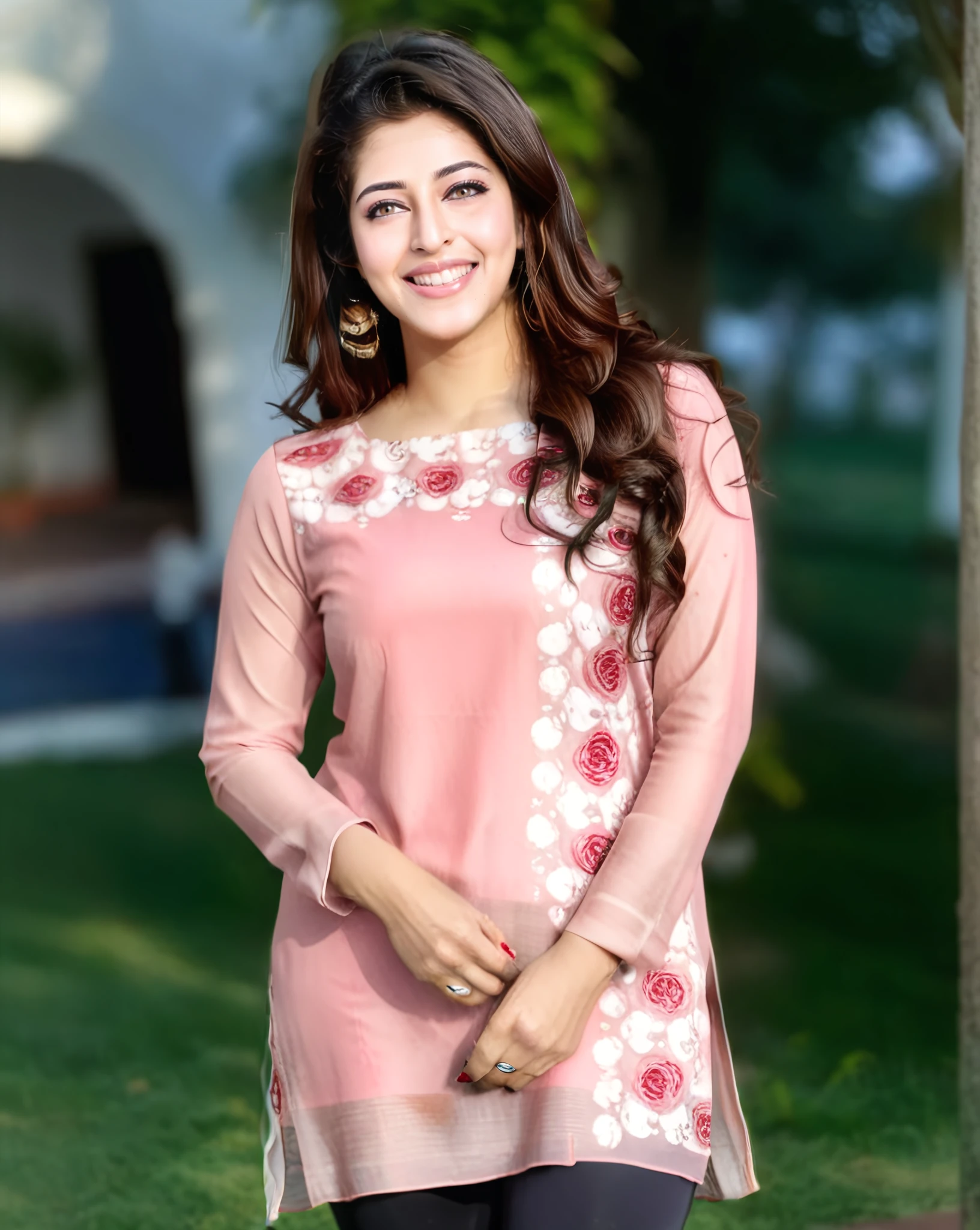 photo of Sonarika Bhadoria woman,  wearing conservative Rose colored Kurti with Leggings, full body, smiling dynamic pose, Looking at the camera, soft lighting, outdoors in bokeh   <lora:Sonarika_Bhadoria_SDXL_LoRA_adafactor:1>