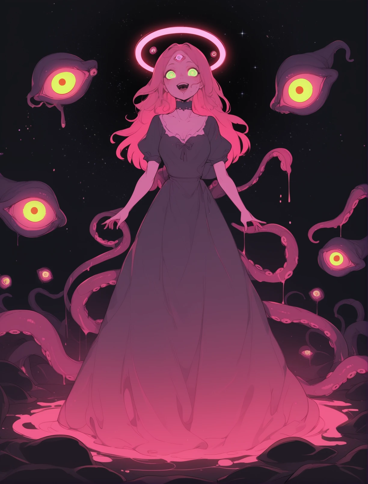 score_9, score_8_up, score_7_up, source_anime BREAK (1girl),shizoeyes,glowing, green eyes, scifi dress, liquid , ((extra eyes)), maiden , dynamic, halo, meat girl, black background, thic outline, starry sky, stars, glitters, meat, tentacles, cel shading, pink theme, neon, astract, <lora:eyes:0.95>