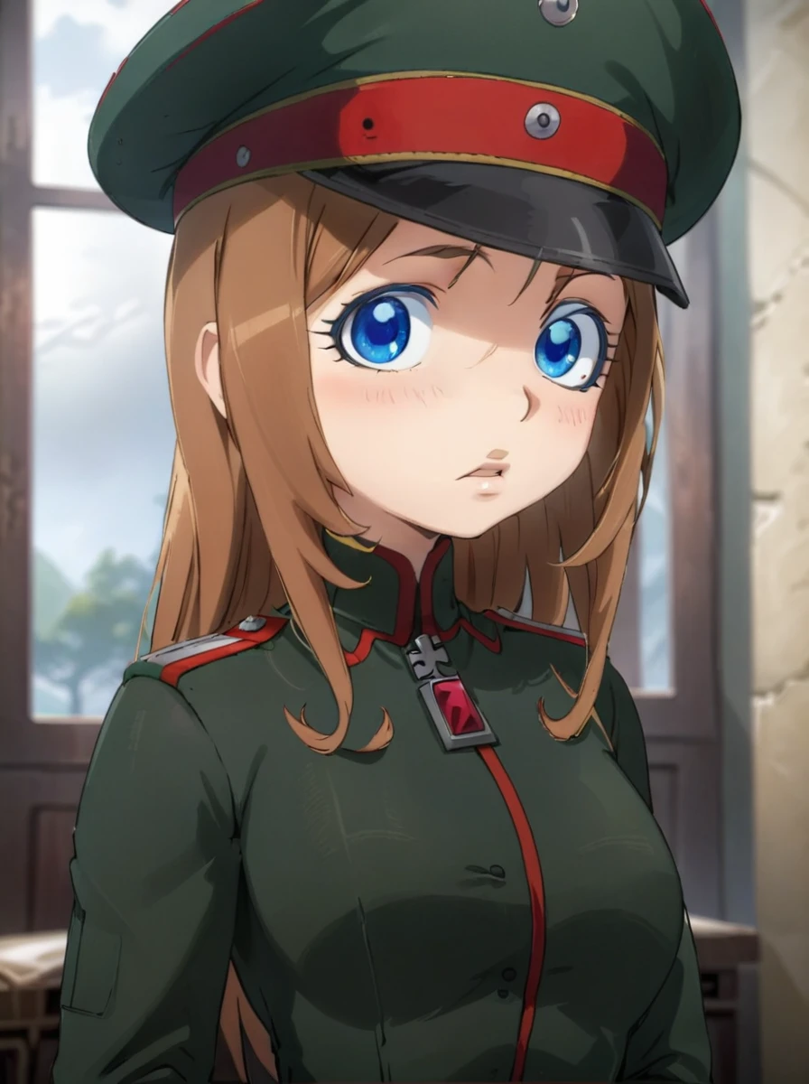 <lora:youjo_senki_Viktoriya_Serebryakov_XL:0.8>,masterpiece,visha,
1girl,solo,blue eyes,long brown hair,military hat,military uniform