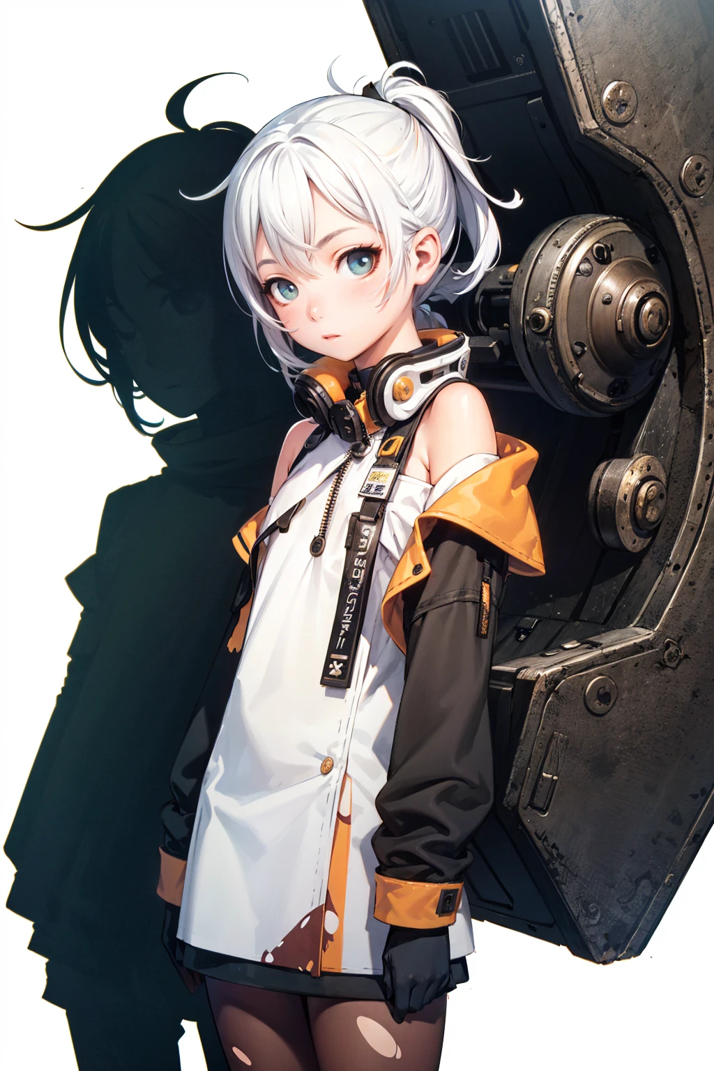 (masterpiece,best quality),[(white background:1.5)::5],(1__girl:1.5),solo,mecha musume,(petite:1.5),(Sexual innuendo:1.25),realistic,science fiction,Film lens,Tachie,standing,lower leg out of frame,
BREAK
off-shoulder dress,white hair,bangs,side ponytail,hair ornament,green eyes,see-through long sleeves,goggles around neck,zipper,id card,torn pantyhose,shoes,grey gloves,
BREAK
absurdres,(chiaroscuro:1.2),(detailed light,best shadow,Photographic reality,cinematic lighting,volume lighting,Epic Light and Shadow,Ray tracing,Drop shadow,Chiaroscuro,flash,Reflection light,bloom effect),Oily skin,Bright colors,(watercolor:0.65),8k,UHD,(HDR:1.5),
BREAK
<lora:Range_murata_style_v02:0.5>,<lora:SR_techwear_v1.0:0.6>,jn,<lyco:neg4all_bdsqlsz_V3.5:1>,<lora:äºæ¬¡åÂ·é­MIX_V1.0:0.5>,