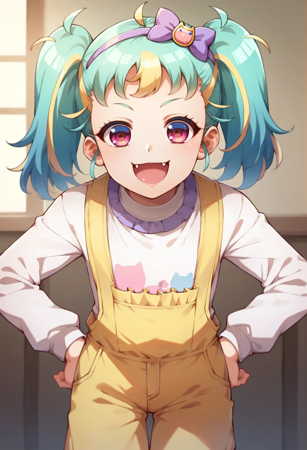 score_9, score_8_up, score_7_up, hd, (ultra hd quality details),
solo, 1girl, myamupri, twintails,
hair bow, purple bow, hairband, yellow overalls, white shirt, long sleeves, yellow shorts,
smile, fang, open mouth,
standing,
<lora:_myamu-elesico-e12:0.85>