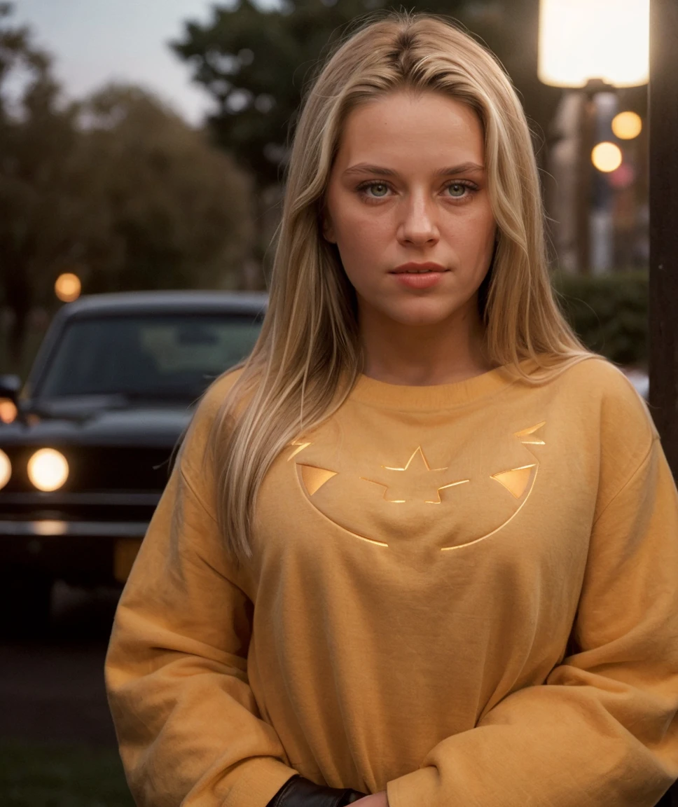 cinematic film still <lora:quiron_AnnaMarek_v6330_Lora:0.87> annaMarekQuiron, annaMarek, 1girl, blonde hair, blue eyes, lips, looking at viewer, wearing pumpkin costume, . shallow depth of field, vignette, highly detailed, high budget Hollywood , bokeh, cinemascope, moody, epic, gorgeous, film grain, grainy