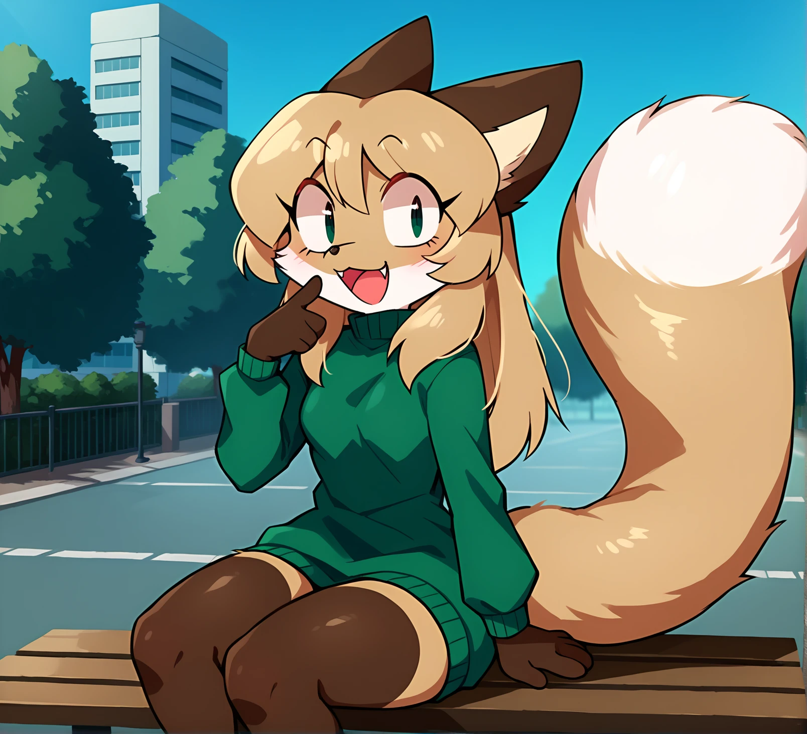 score_9, score_8_up, score_7_up, score_6_up, score_5_up, score_4_up, rating_safe, source_furry, detailed background, modern building in background, 1girl,female anthro fox sitting on bench
BREAK
female, furry, anthro,(fox:1.1), fox tail, (cute expression, cute face:1.1), snout, smiling at viewer, :3, open mouth, smug, small breasts, <lora:Averi_the_fox-000011:1> green eyes, green sweater,
BREAK