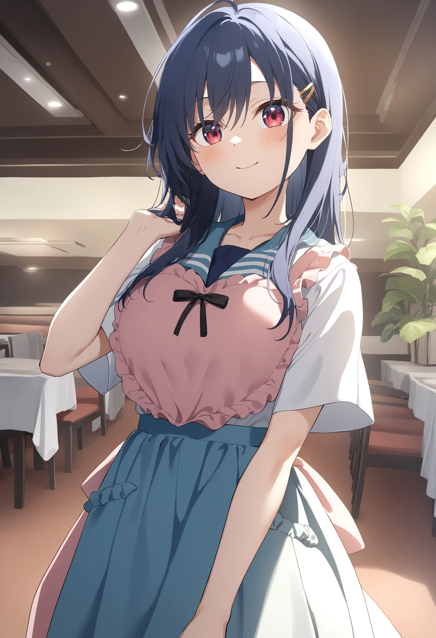 1girl,sincos, ningen mame, toosaka asagi,solo,medium breasts,school uniform,
heart apron,apron, frills, frilled apron, <lora:heartapron_XL_v1:0.6>
ceiling, wide shot, looking to the side, blue hair, red eyes,light smile, hotel, closed mouth, lightly curled inwards hair,,
best quality, very aesthetic, absurdres