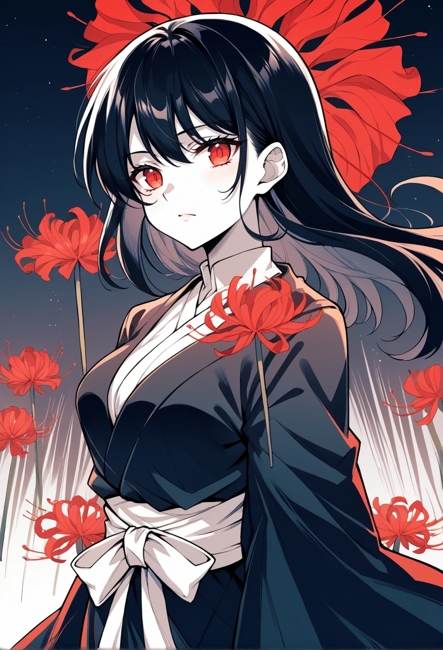 score_9, score_7_up, source_anime, BREAK  <lora:Spiderlily:0.8> spider lily,
black kimono,  black hair, red eyes, 1girl, medium breasts,  limited palette,