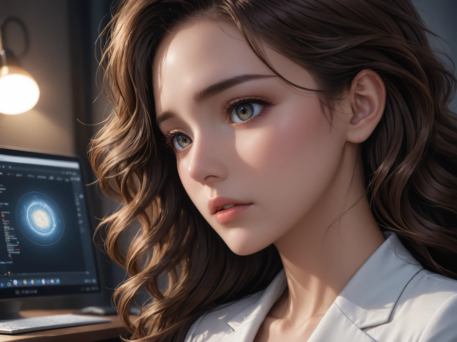 A woman who is not very adept at using computers feels a bit sad for some reason,She leans on the desk with a face full of sorrow,
a woman in her twenties,eastern european women,from_side,close-up,face_focus,female,solo,shiny skin,slender,slender_waist,detail face,detail eyes,detail,
(anime:1.3),masterpiece,best quality,Highly detailed,Professional,absurdres,extreme detail description,highres,realistic,photorealistic,perfect anatomy,wallpaper,Cinematic Lighting,cinematic bloom,available light,atmospheric lighting,moody lighting,
,,,,(dynamic_angle:1.3),<lora:add-detail-xl:2>,<lora:ç»èè°æ´-ç¾å¦aesthetic_anime_v1s:1.5>,<lora:ä¿®å¤-ç¼DetailedEyes_V3:1.5>,<lora:Ave:0.8>