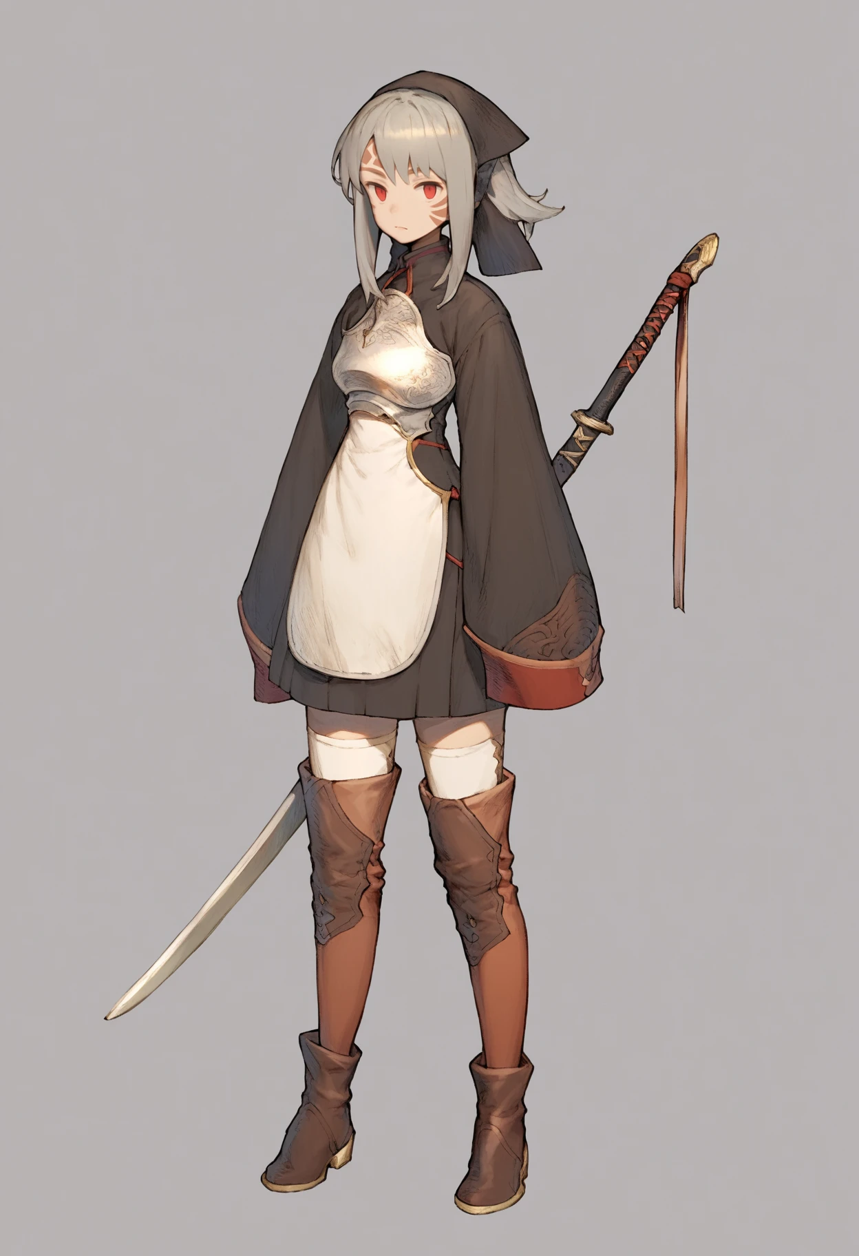 score_9, score_8_up, score_7_up, score_6_up, score_5_up, score_4_up, BREAK,
1girl, grey hair, facial mark,  red eyes,
breastplate, brown boots, full body,  long sleeves, looking at viewer, scabbard, sleeves past wrists, solo, standing, sword, thighhighs, simple background <lora:MoryoXLLocon:1>