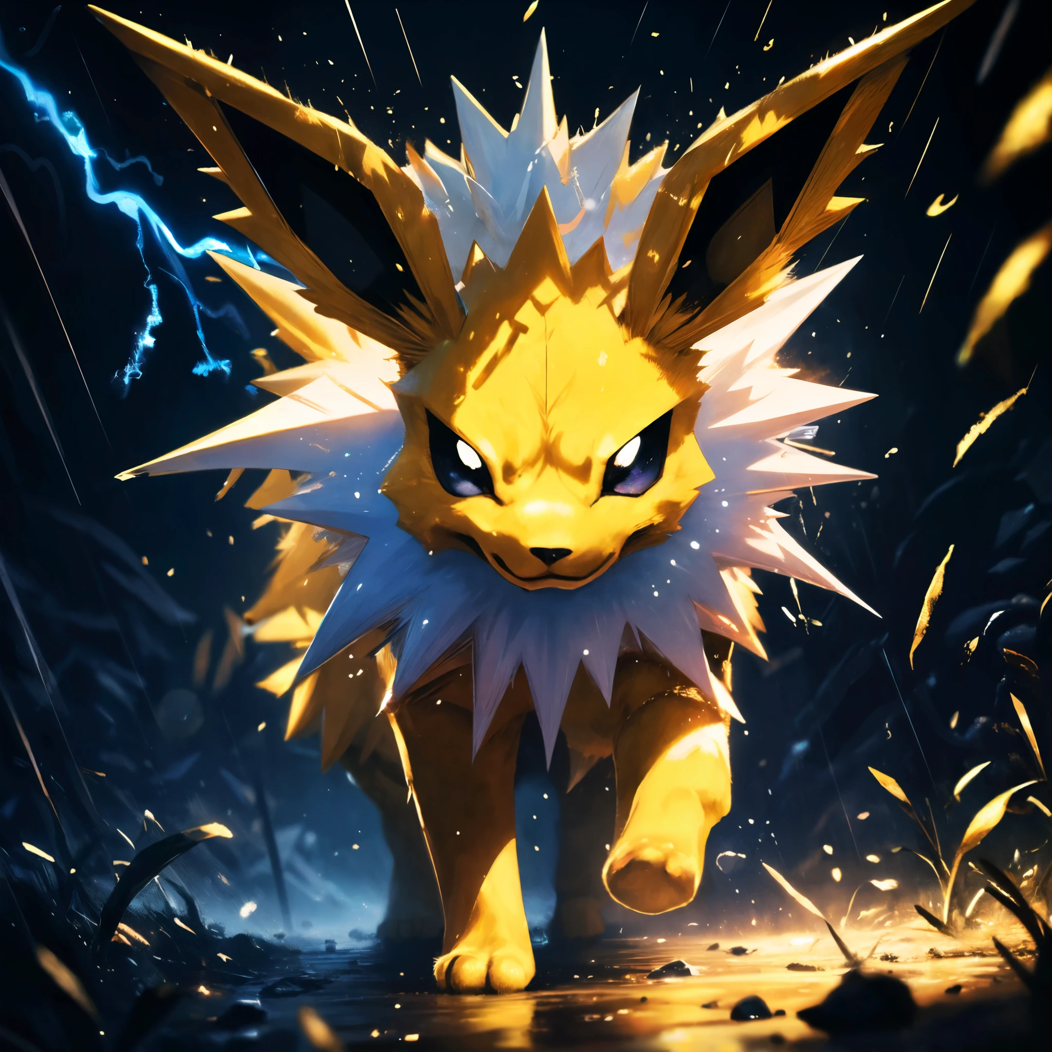 (HD), (ultra-detailed), (masterpiece), (best quality), (sharp focus), (cinematic lighting), (vibrant colors),   <lora:Jolteon_Pokemon_0135_SD_1.5:1> jolteon, pokemon, thunder, :<, raining