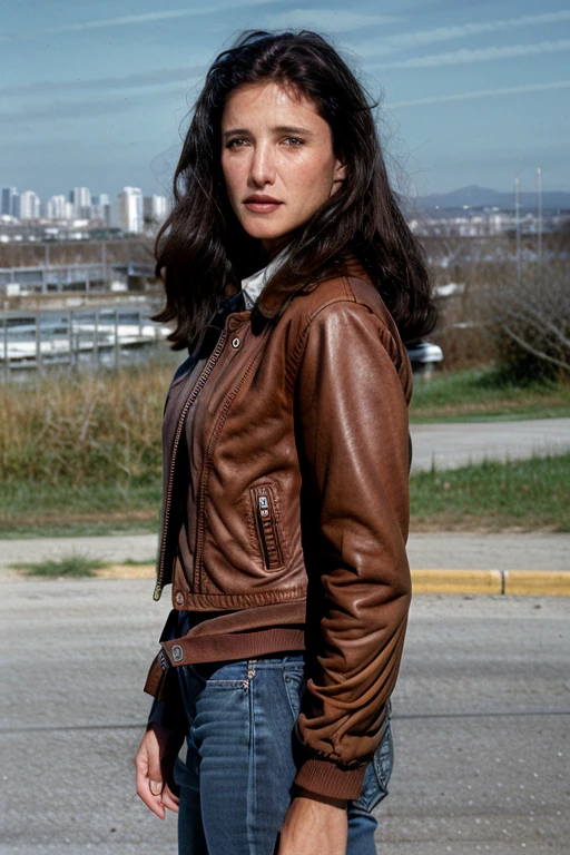 RAW photo, a photo of mimi rogers in waste lander clothes, leather jacket with long sleeves, detailed face, long haircut, pale skin, slim body, background is city ruins, (high detailed skin:1.2), 8k uhd, dslr, soft lighting, high quality, film grain, Fujifilm XT3
 <lora:mimi rogers v1.0:1>