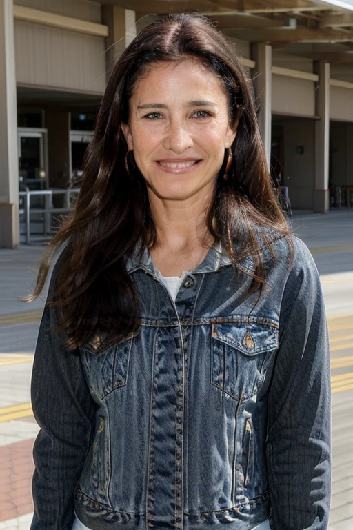 a Realistic portrait of a mimi rogers woman with brown eyes and long brown Hair style, looking at the viewer, detailed face, detailed eyes, (smiling showing teeth:1.1), perfect slim body, modelshoot style, wearing a tee shirt and denim jacket, soft lighting, professional Photography, Photorealistic, detailed, standing in an airport background, RAW, analog, sharp focus, 8k, HD, DSLR, high quality, Fujifilm XT3, film grain, award winning, masterpiece
 <lora:mimi rogers v1.0:1>