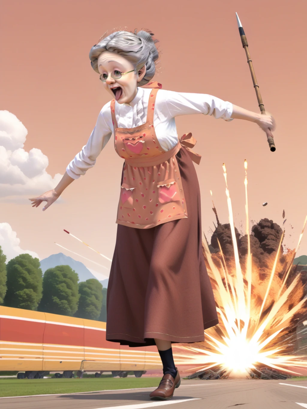 score_9, score_8_up, score_7_up, score_6_up, uncensored, source_anime, rating_safe,anime screencap,
BREAK,
solo,
<lora:vgrandmother:0.8>,vgrandmother, old woman, apron, long skirt, shirt, old,
short legs,
happy, ,open mouth, open eyes,
line art,
<lora:Superspeed:1>,running, motion blur,
open mouth, tongue out, holding bamboo spear.
battle field,explosion,crashing plane,