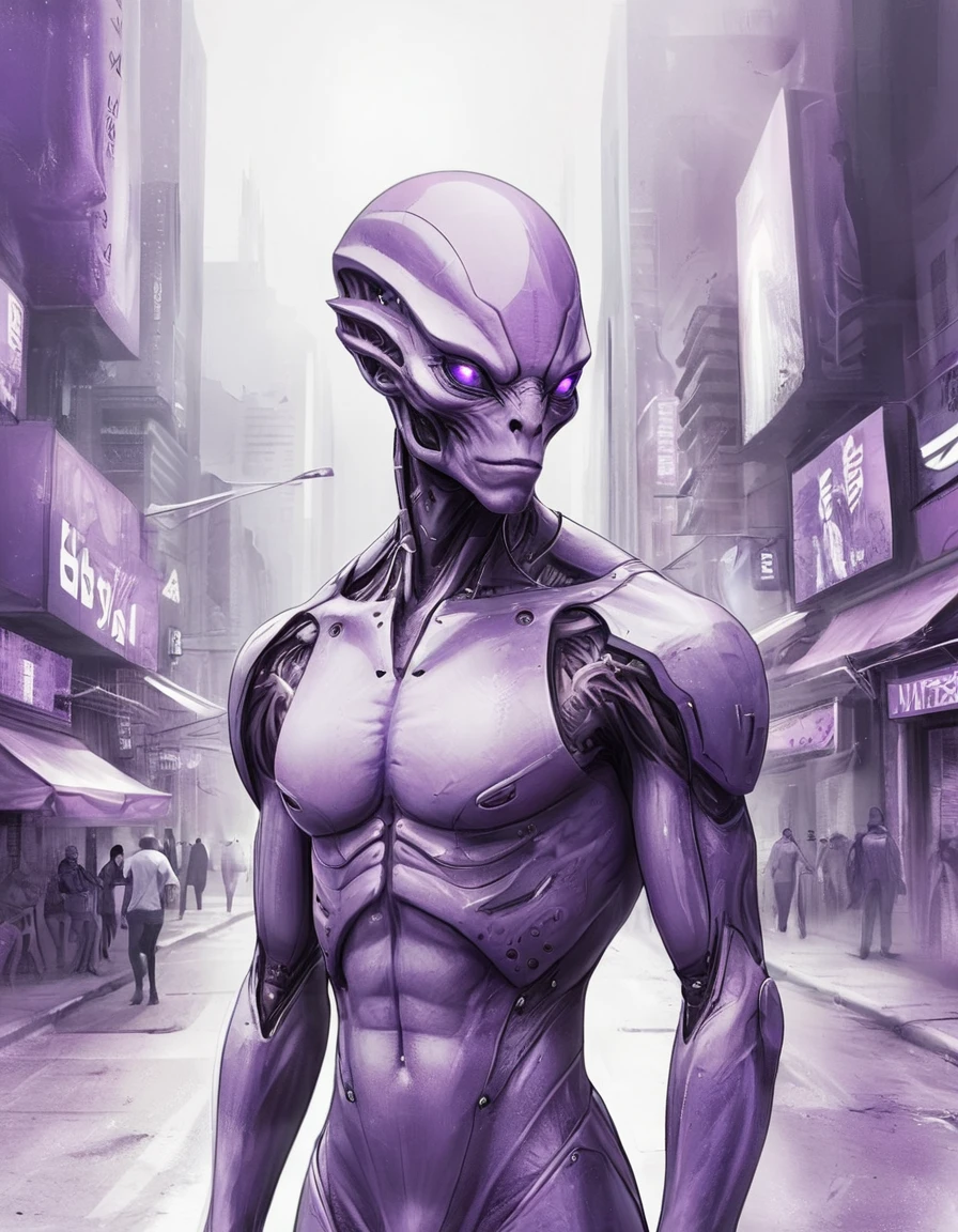 Purple Theme, masculine alien, upper body, futuristic city, cyberpunk street