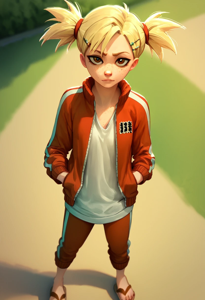hiyorisarugaki, 1girl, blonde hair, solo, track jacket, hairclip, short twintails, freckles, brown eyes, tank top, outdoors, looking at viewer ,sandals, <lora:HiyoriSarugakiPony1.2:1>, score_9, score_8_up, score_7_up, , looking at viewer,track suit,