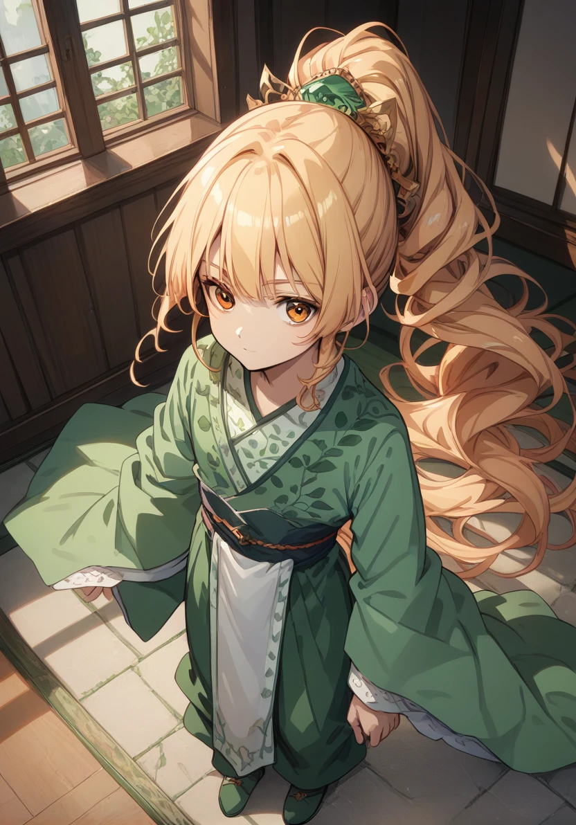 score_9, score_8_up, score_7_up, masterpiece, best quality, 1boy,  solo,  blonde hair, ponytail,very  long hair, hair ornament, orange eyes, long bangs, bangs on eyes, full  body, from above,  <lora:KitsuneHanfuV1:1>, KitsuneHanfu, green hanfu