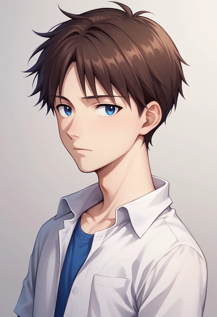 score_9, score_8_up, source_anime, highly detailed, 1boy, solo, male_focus, skinny,
shinji, 1boy, male focus, solo, blue eyes, brown hair, shirt, white shirt, collared shirt, open shirt, blue t-shirt, black pants, 
indoor, upper body,