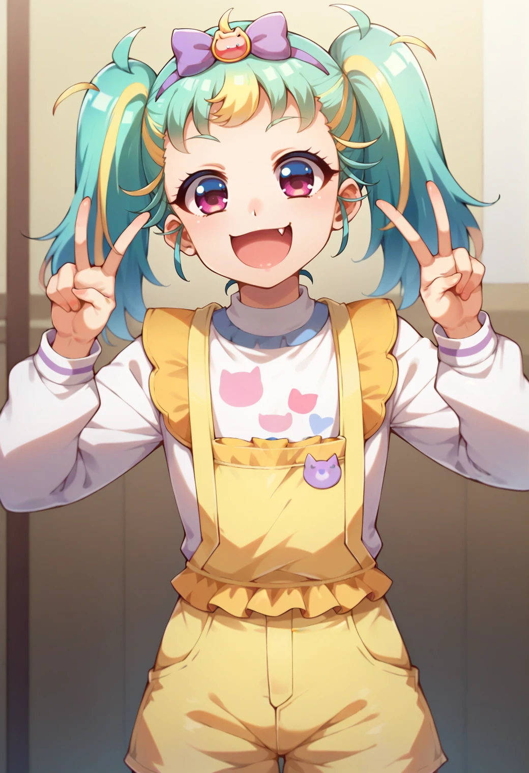 score_9, score_8_up, score_7_up, hd, (ultra hd quality details),
solo, 1girl, myamupri, twintails,
hair bow, purple bow, hairband, yellow overalls, white shirt, long sleeves, yellow shorts,
smile, fang, open mouth,
standing, double v,
<lora:_myamu-elesico-e12:0.85>