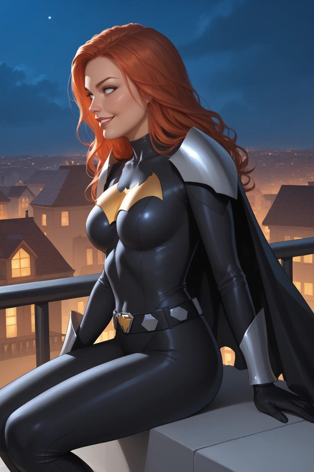 score_9, score_8_up, score_7_up, masterpiece, high quality, BREAK realistic
 <lora:Elseworld BatgirlPonyLoRA:0.8>elswrldbtgrl, long hair, shoulder armor, bodysuit, cape, white eyes, no pupils, bracer, gloves, belt, portrait, at night, smile, sitting on a roof top, from side