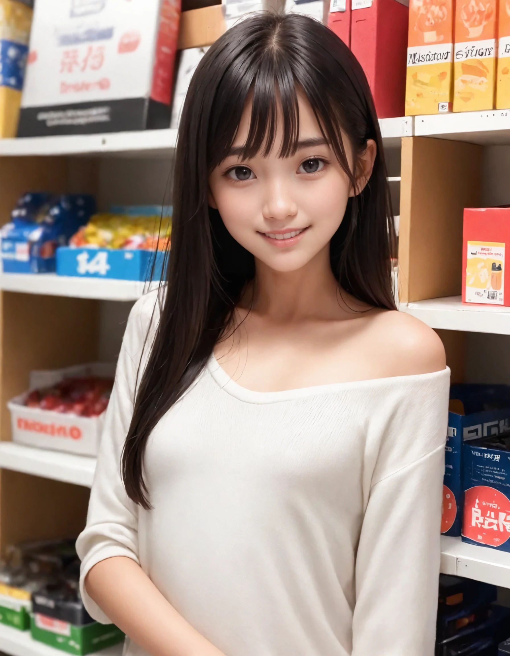 1girl, solo,
(Best quality:1.0),(masterpiece:1.0),photorealism,
(black hair:1.1), (black eyes),
long hair,
(small breasts:1.1),
slender,
BREAK
(japanese:1.2),
Off-the-shoulder knit poncho , antique shop , display cases, shelves, racks, pedestals, antique furniture, collectibles,
smile,
18yo,,