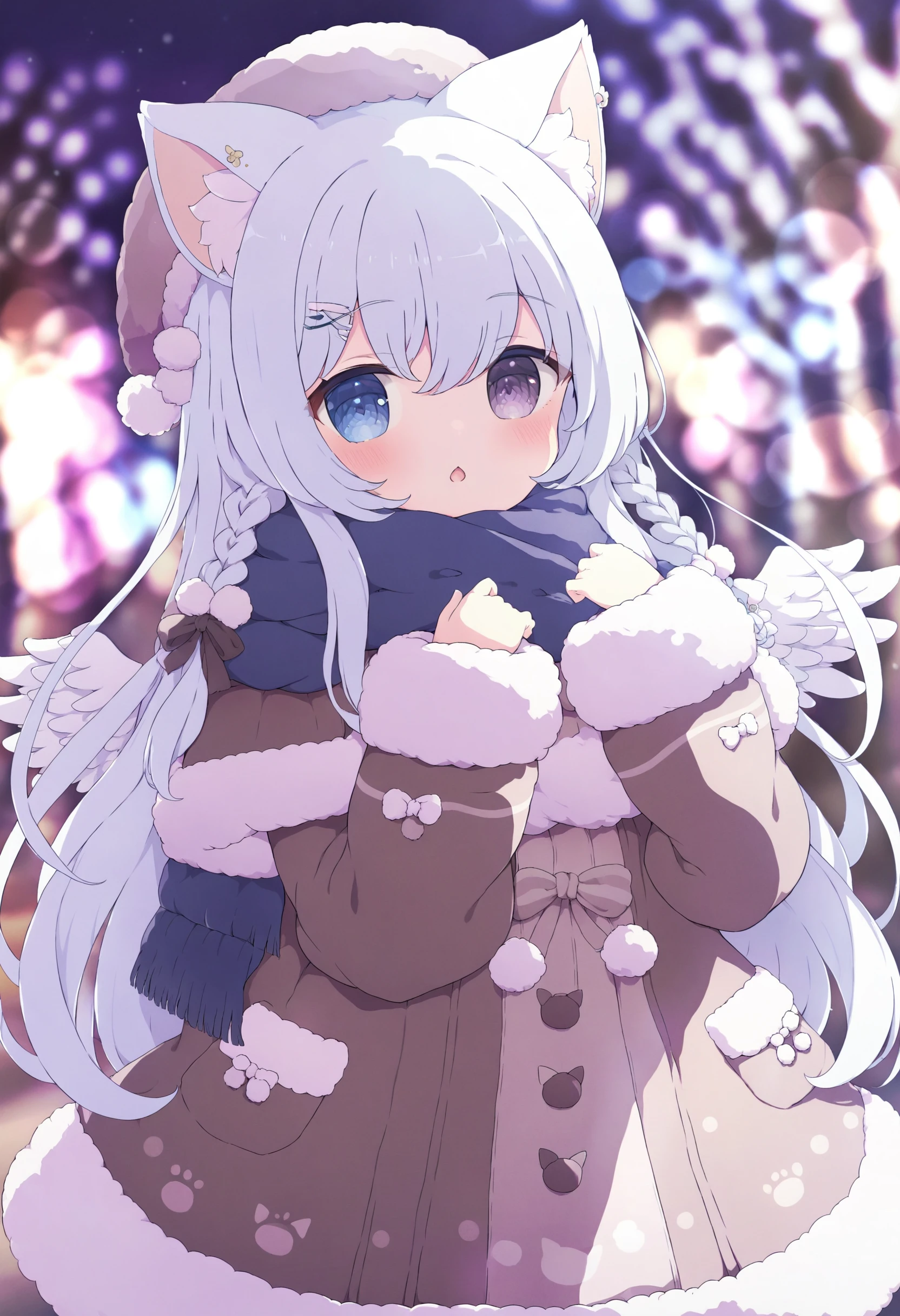 masterpiece, best quality,1girl, heterochromia, animal ears, scarf, blue eyes, long hair, winter clothes, white hair, hat, solo, wings, coat, cat ears, braid, winter coat, looking at viewer, fur trim, blush, long sleeves, animal ear fluff, cat girl <lora:ã¡ãã¿ã¾ãXLlokr4f-000186:0.95>