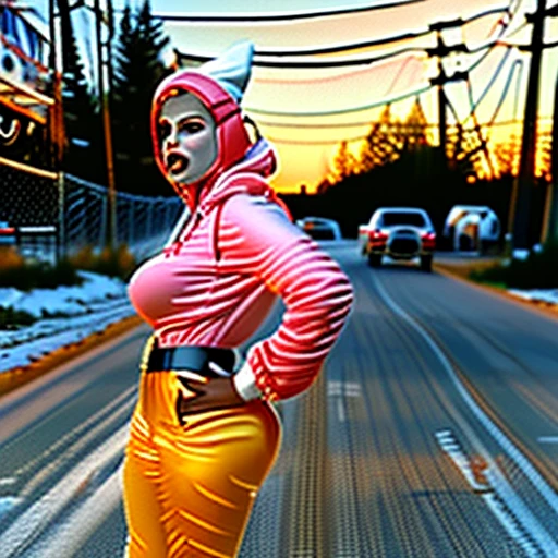 lips, car, breasts, white headwear, lineup, power lines, yellow pants, robot, 3boys, backpack, waves, nose, hood, pink theme, running, large breasts, photo background