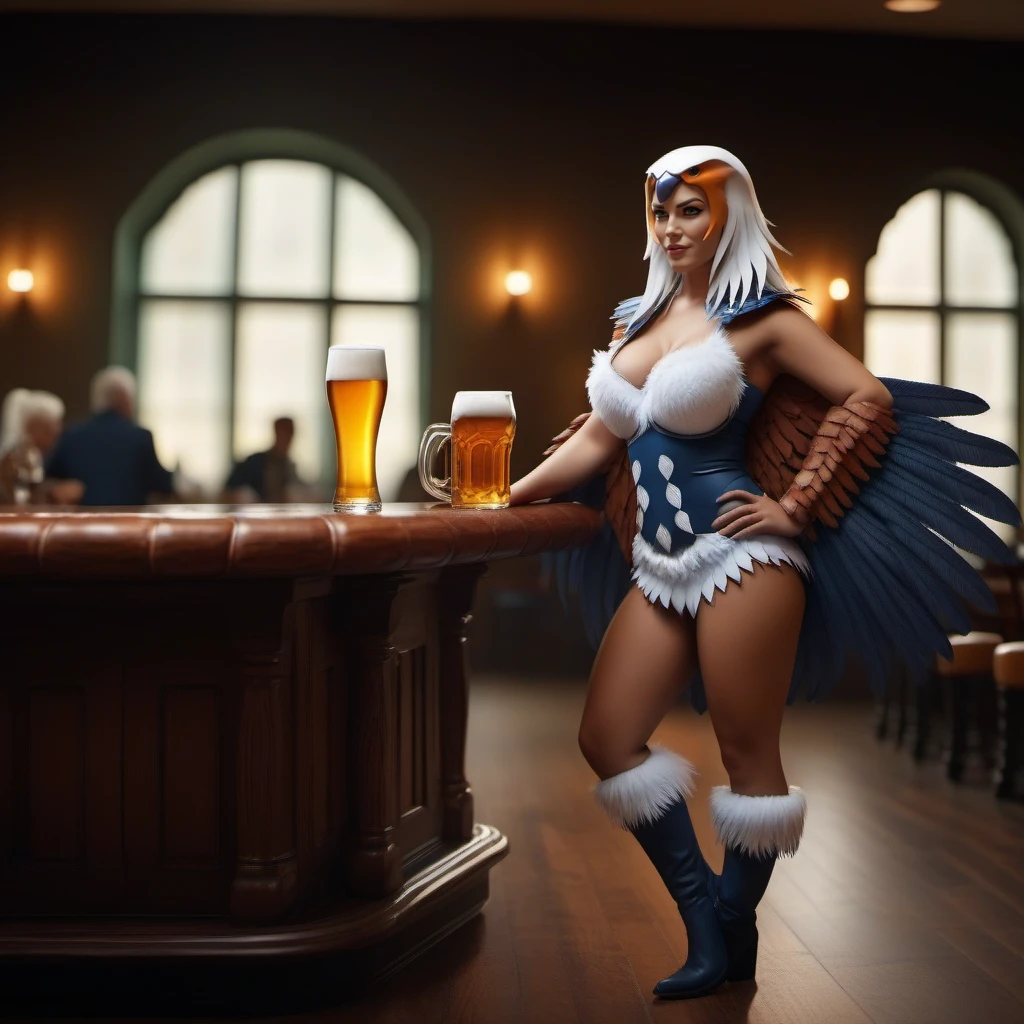 cinematic photo a woman, white hairs, boots, feathers, wings, large breast, having a beer in a pub  <lora:Sorceress1024:0.8> . 35mm photograph, film, bokeh, professional, 4k, highly detailed