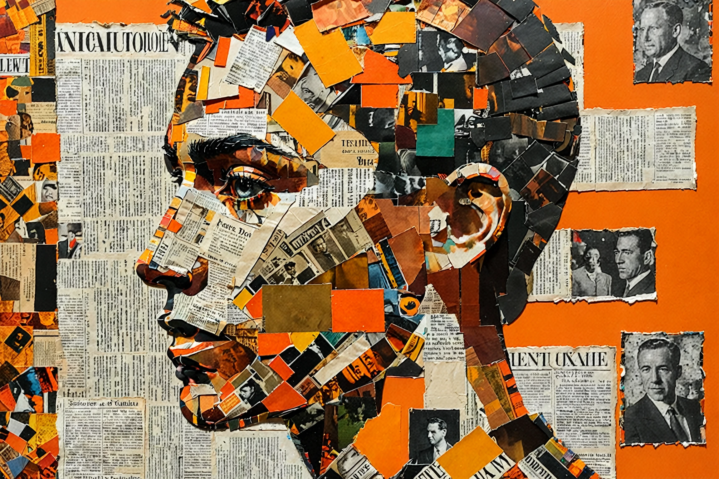 A side profile of a person's face, intricately crafted from a collage of various newspaper and magazine clippings. The background is a vibrant shade of orange, and the collage pieces are arranged in a manner that gives depth and dimension to the face. The eyes, nose, and mouth are distinctly visible, with the rest of the face being a mosaic of textual and visual elements.<lora:EMS-392232-EMS:0.800000>