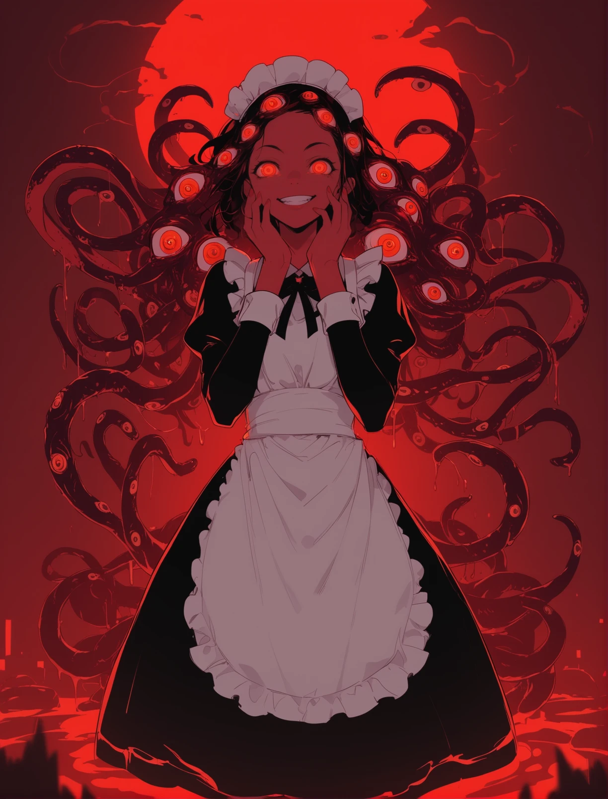 score_9, score_8_up, score_7_up, source_anime BREAK (1girl),shizoeyes,glowing, red eyes, maid dress, liquid , ((extra eyes)), , nerd,dynamic, smirk, tentacles hair, cel shading, red theme, neon, astract, <lora:eyes:0.95>