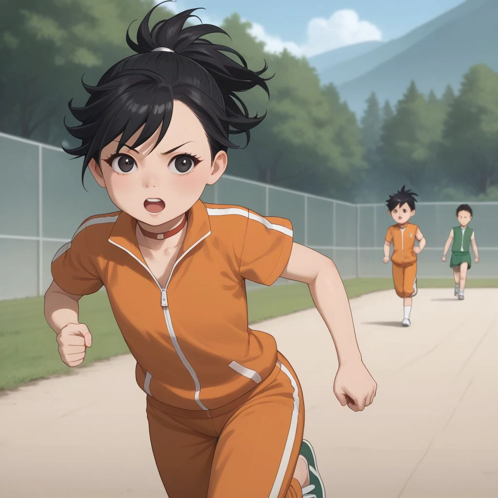 score_9, score_8, score_7, BREAK, dororo, female child, small body, young face, black hair, ponytail, choker, black eyes, orange tracksuit, running