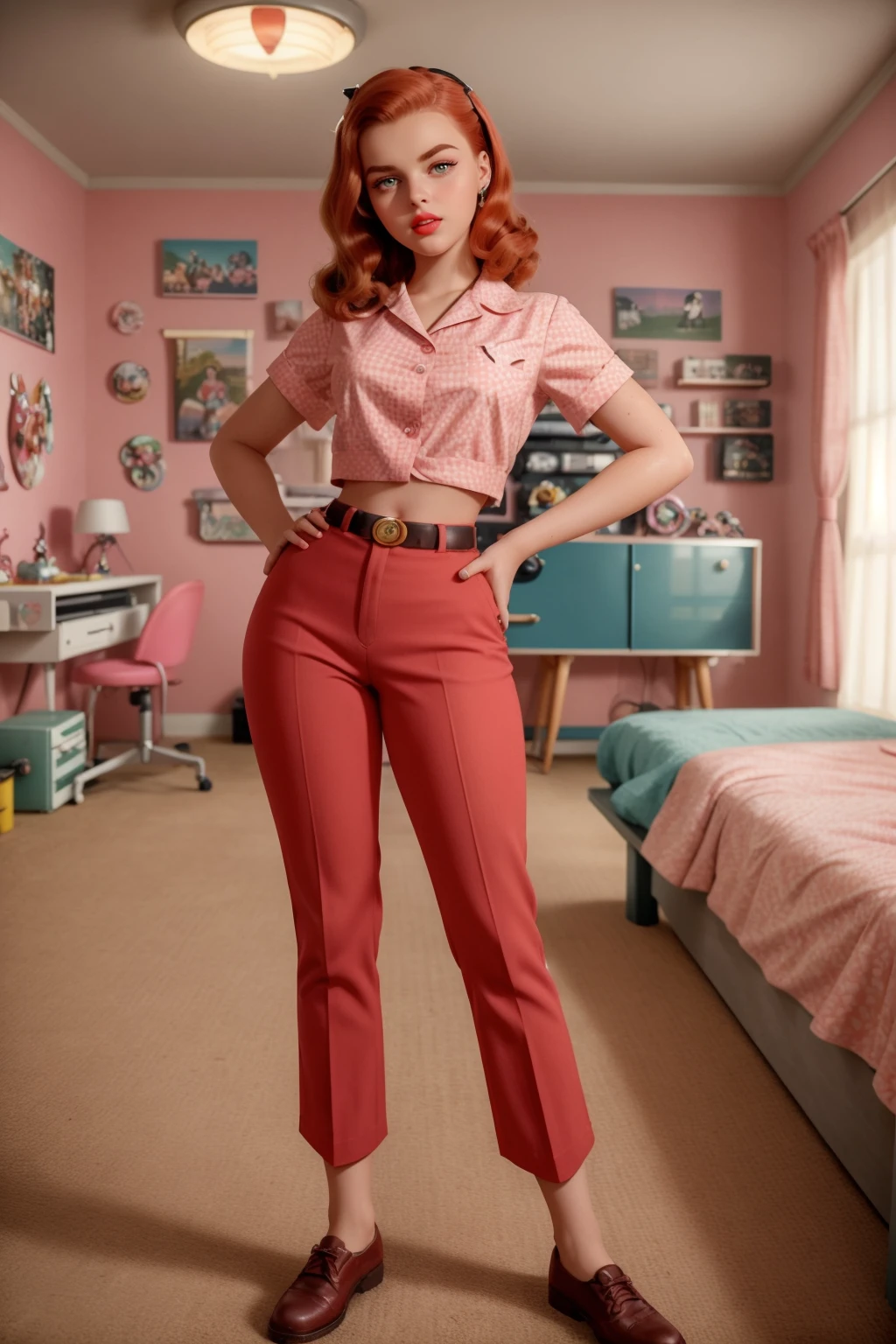 1950s fashion, 1950shighwaistpants, professional photo of  20yo teen female, ((Coral)) pants, clothing details, shoes, (posing), (ginger) hair, 4k, 8k, high quality, perfect lighting, detailed face and detailed eyes, skin detail,  solo focus, photography raw, (1950s ((otaku room))),  clean smooth skin, looking at camera, detailed eyes, pretty face, full body posing, (Lupita Nyong'o,Indiana Evans,Beatrice Kitsos as 37yo female:0.8), 1950s, ((midshot))  <lora:1950shighwaistpants:0.5>