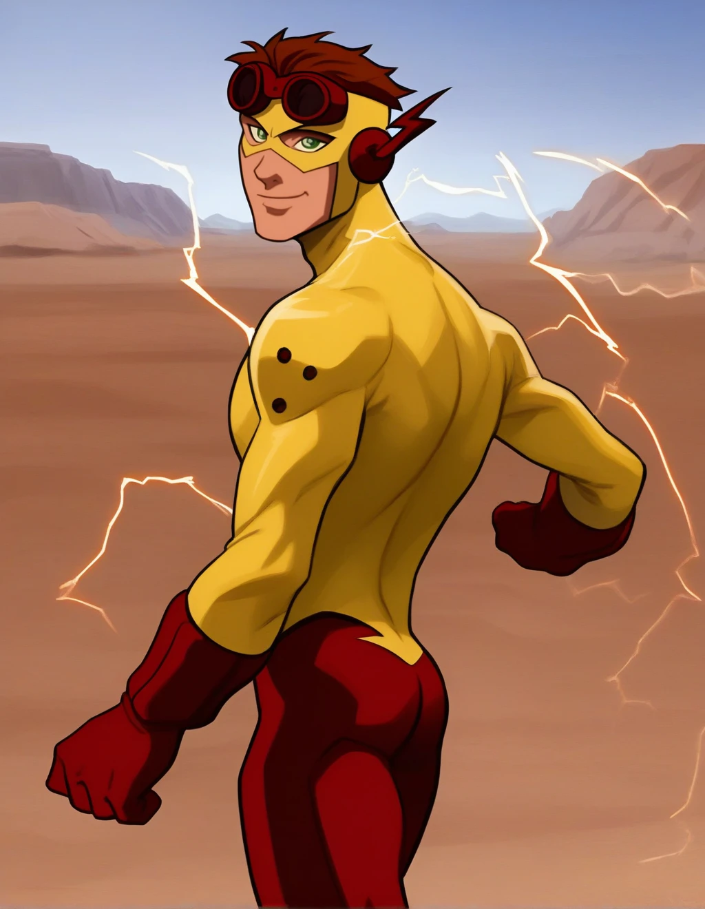 <lora:Wally_west:1> score_9, score_8_up, score_7_up, kid flash, solo, smile, short hair, brown hair, gloves, 1boy, closed mouth, male focus, outdoors, sky, bodysuit, mask, muscular, pectorals, muscular male, superhero, yellow bodysuit, domino mask, skinny, cowboy shot, goggles, looking at viewer, green eyes, running, looking back, electricity, smile, desert,