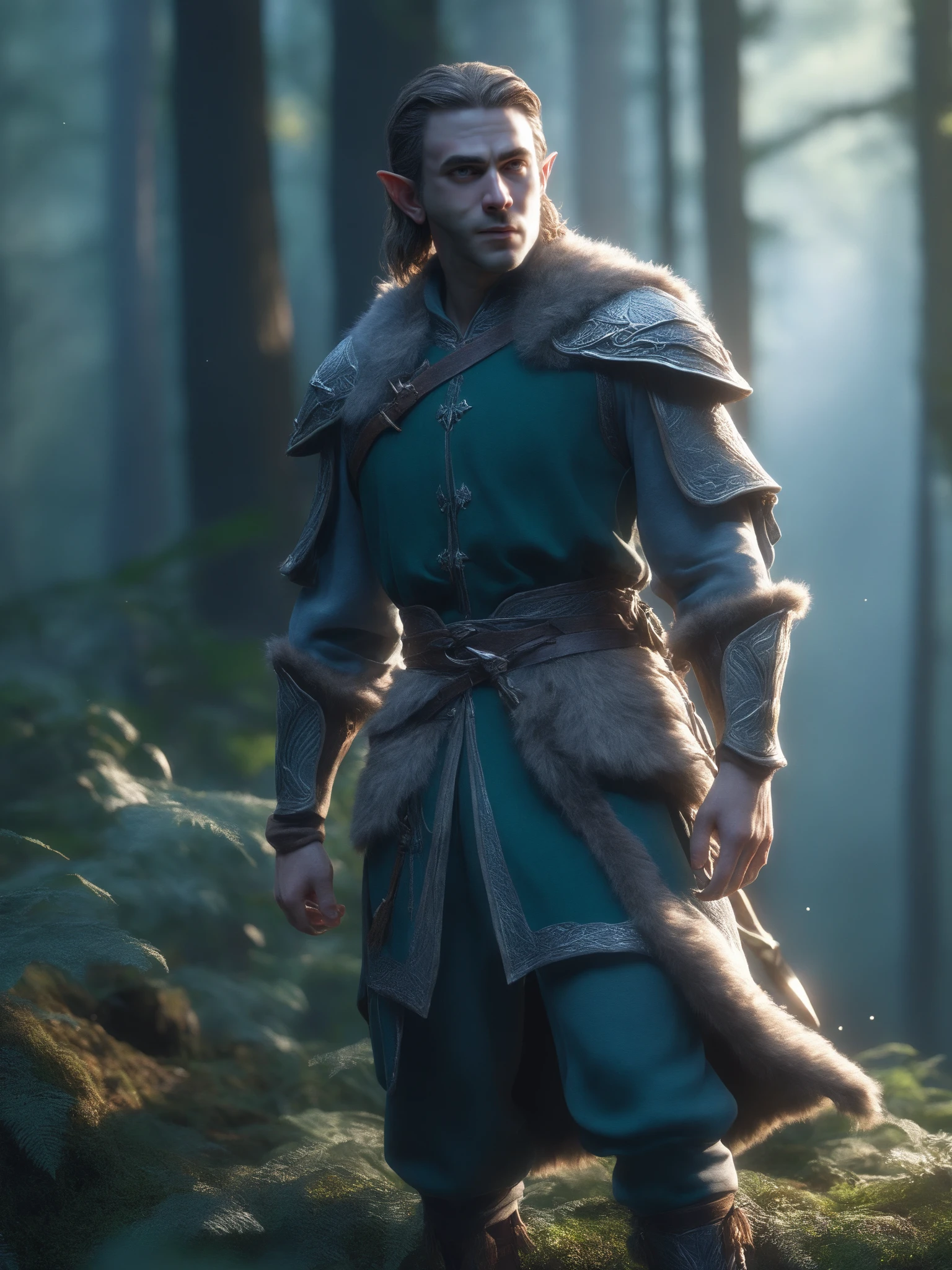 FRESHIDEAS,Moonlit Forest (a male fantasy elf warrior,) in raw 3D rendering, magic, cinematic lighting, 3D rendering, 8k, ultra-realistic, 8k, highly detailed, fantasy, magic, cinematic lighting, 3D rendering, 8k, ultra-realistic, ultra-realistic, shot with Canon EOS R5, 35mm lens, ISO 100, 1/200s, high quality, photorealistic, ultra-realistic, cinematic composition, volumetric lighting, intricate details