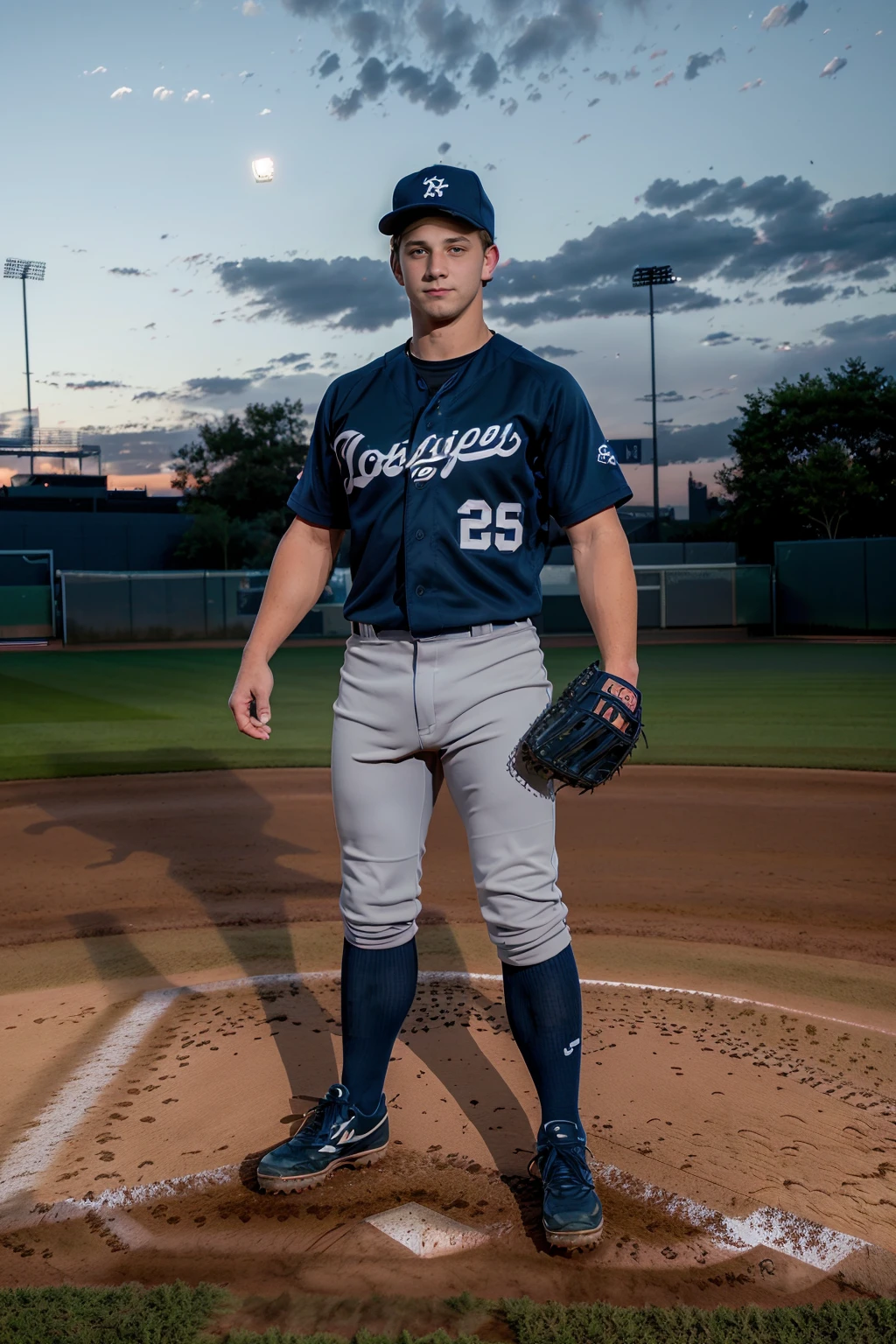 (late evening, (baseball field), stadium lighting), standing at shortstop,  KasparDixon, slight smile, baseballplayer, (baseball uniform), navy blue jersey, wearing navy blue baseball cap, gray pants, navy blue socks, (wearing baseball mitt), (((full body portrait))), wide angle,  <lora:KasparDixon:0.8> <lora:Clothing - Sexy Baseball Player:0.65>