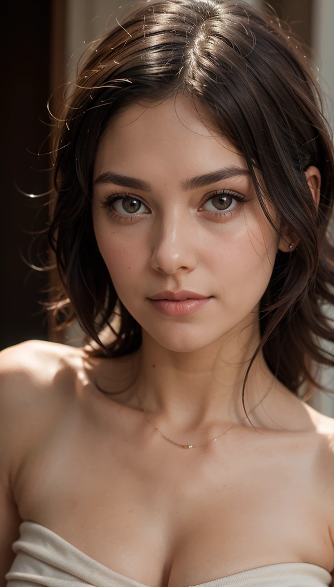 Professional portrait, Sharon , bandeau top, cleavage, eye contact, looking at viewer, masterpiece, best quality, perfect detail, perfect face detail, perfect eye detail, perfect skin detail, depth of field, perfect lighting