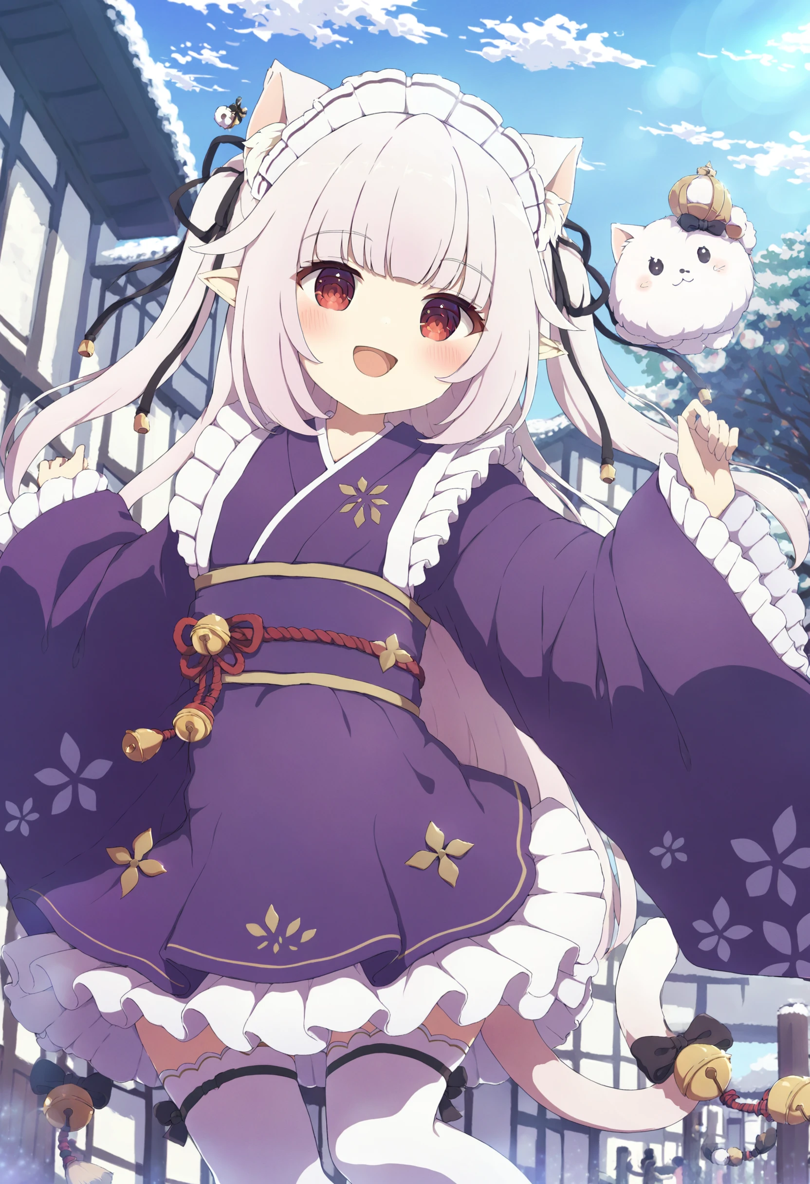 masterpiece, best quality,1girl, animal ears, red eyes, tail, maid headdress, cat ears, pointy ears, thighhighs, outdoors, solo, apron, long hair, wide sleeves, white thighhighs, cat tail, japanese clothes, wa maid, maid, frills, kimono, smile, two side up, sky, white hair, tail ornament, long sleeves, looking at viewer, open mouth, cat girl, white apron, virtual youtuber, purple kimono, blush, kimono skirt, :d, ribbon, frilled apron, day, sash, blue sky, black ribbon, bell, obi <lora:ã¡ãã¿ã¾ãXLlokr4f-000186:0.95>