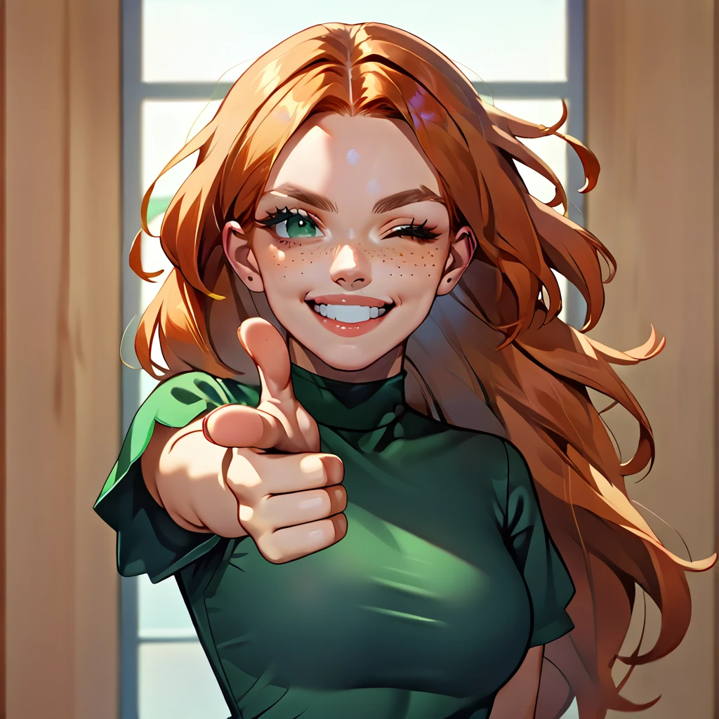 score_9, score_8_up, score_7_up, source_anime, 1girl, finger gun, pointing at viewer, <lora:Fingergun_XLPD:1>, upper body,  <lora:Nat_Nobody_-_PDXL:1> natnobody, freckles, one eye closed, smiling, tight green dress