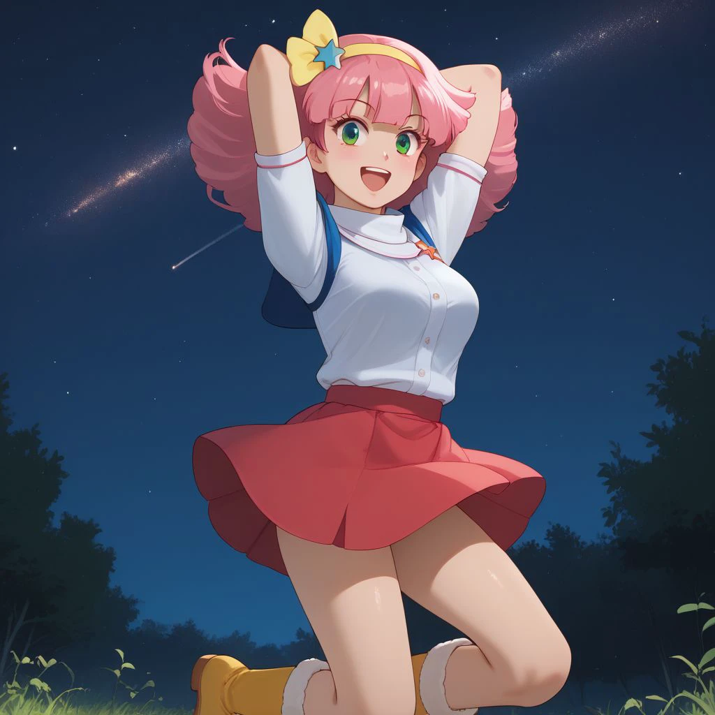 score_9, score_8, score_7, BREAK, momo, pink hair, hairband, green eyes, skirt, boots, hands behind head, open smile, outdoors, night sky, stars