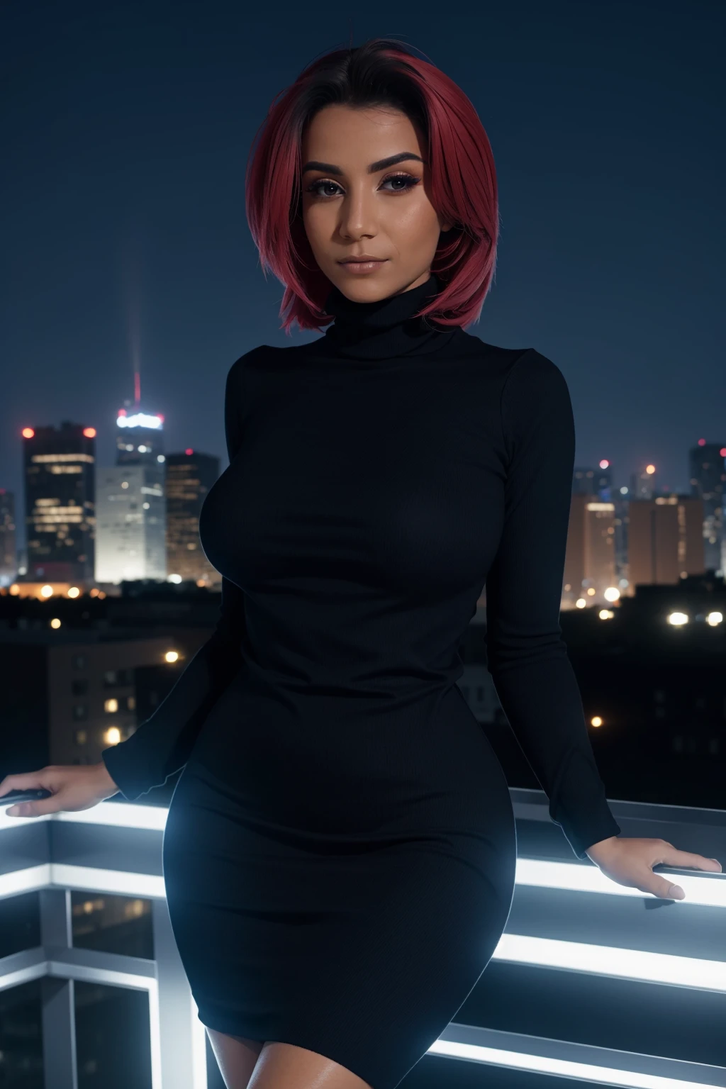 <lora:mondongo_LoRA_RoxieSinner:1> mndngwmn, (ultra realistic, 8k,high quality), natural lighting,, wearing a turtleneck bodycon dress, on a balcony at night with city on background