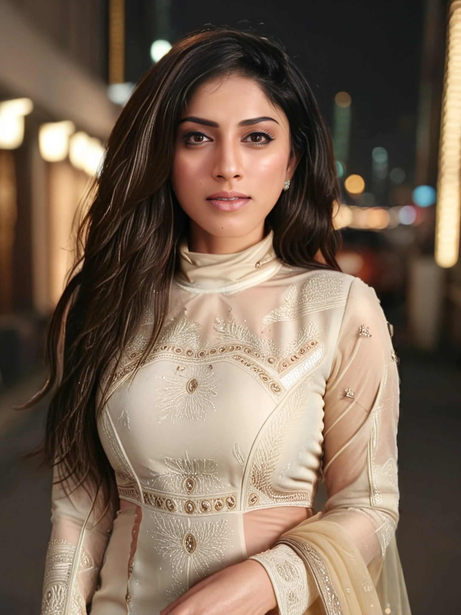 photo of Sapna Pabbi woman,  wearing conservative Ivory colored intricate high neck salwar kameez, dynamic pose, Looking at the camera, tied_hair, soft lighting, night time, city lights in bokeh   <lora:Sapna_Pabbi_SDXL_LoRA_adafactor:1>