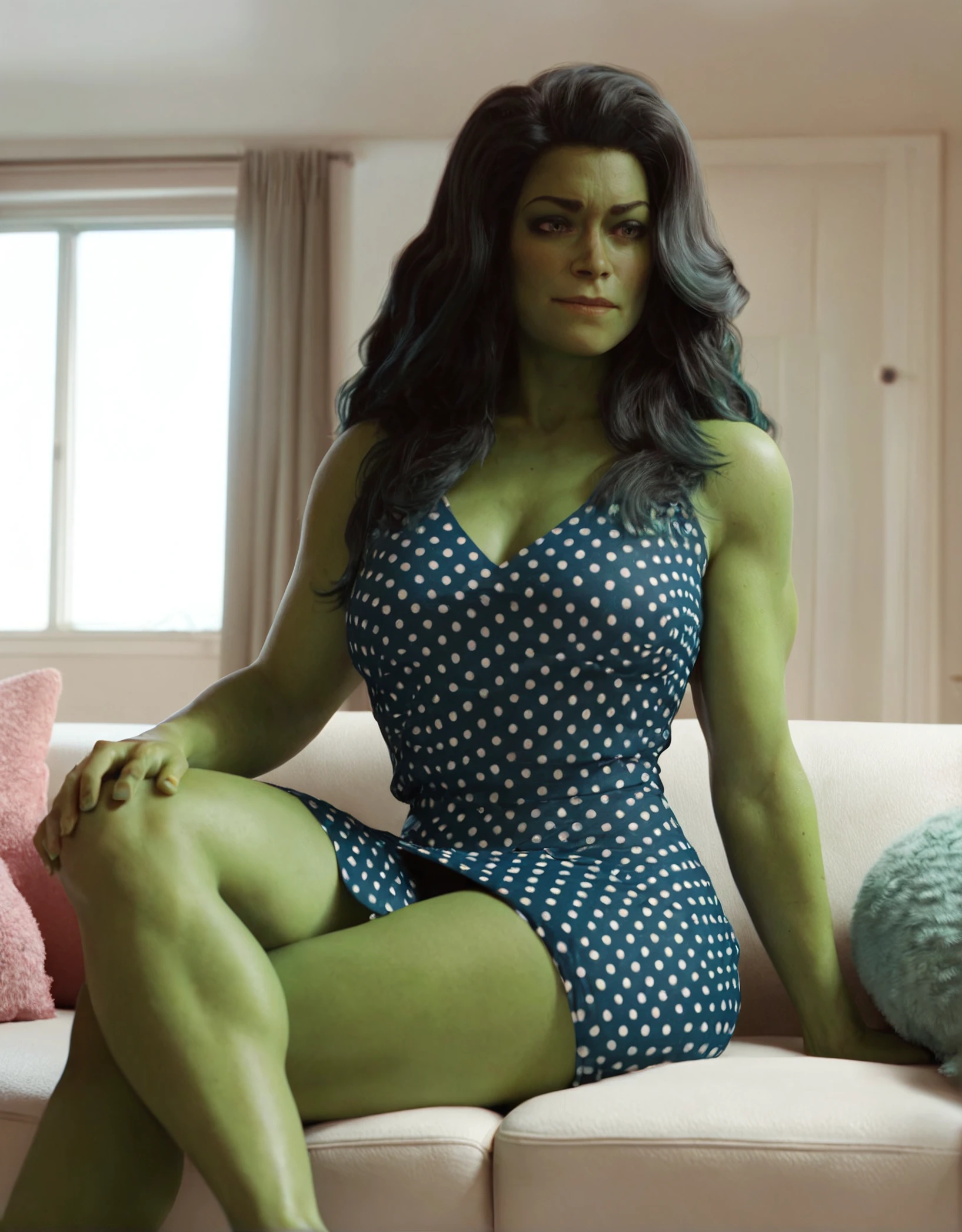 score_9, score_8_up, score_7_up, score_6_up,a woman,RAW, 8k, very detailed,tatmshlk,realistic skin,green skin,wearing a polka dot dress,long wavy hair,full body,dynamic,arms on hips,sitting on a couch,crossed legs