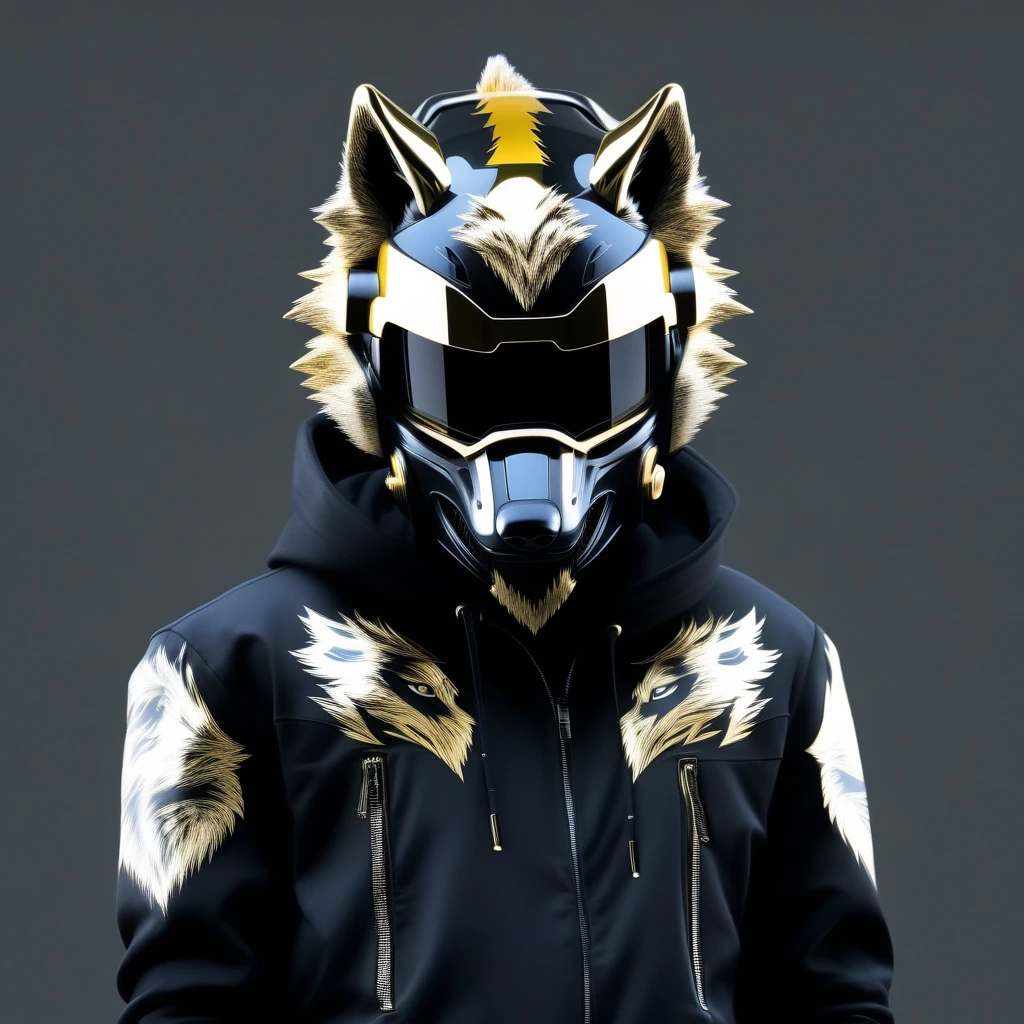 with streetwear, Black and golden cyberpunk helmet with the face of a wolf, high quality, Metallic silver wolf helmet with eye visor